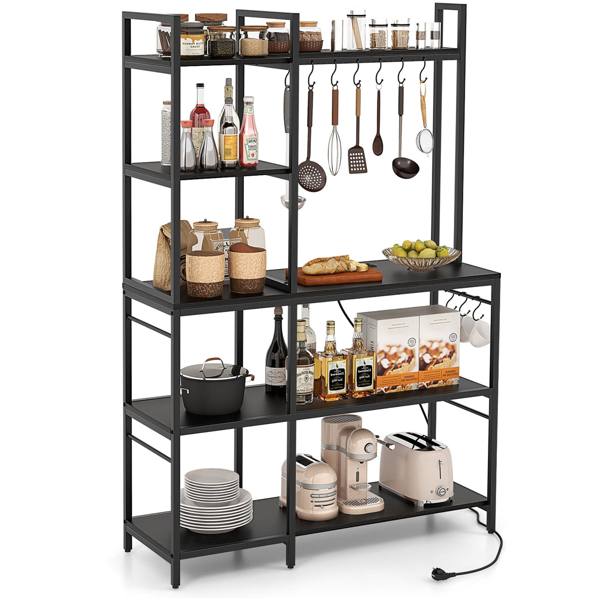 5-Tier Bakers Rack with Power Outlets and 10 S-Shaped Hooks-Black-Baker’s Racks-DECOROLALA