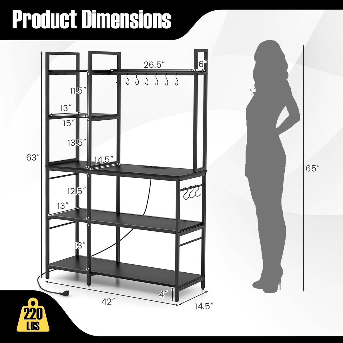 5-Tier Bakers Rack with Power Outlets and 10 S-Shaped Hooks-Black-Baker’s Racks-DECOROLALA