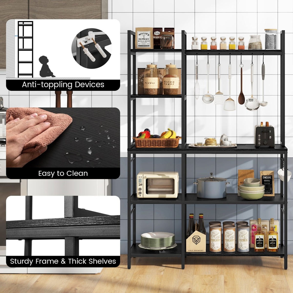 5-Tier Bakers Rack with Power Outlets and 10 S-Shaped Hooks-Black-Baker’s Racks-DECOROLALA