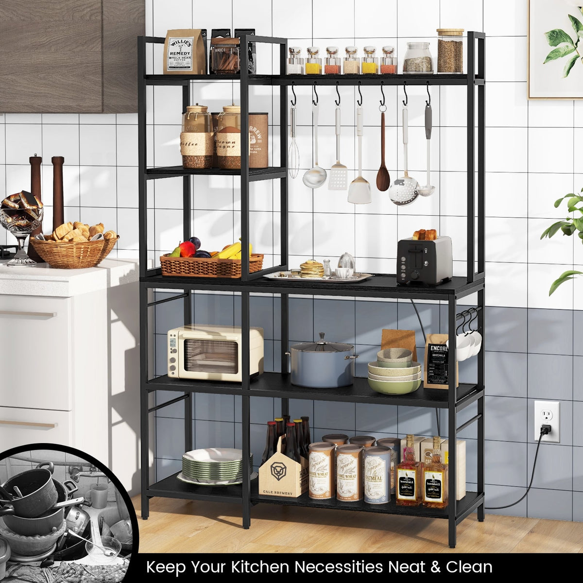 5-Tier Bakers Rack with Power Outlets and 10 S-Shaped Hooks-Black-Baker’s Racks-DECOROLALA