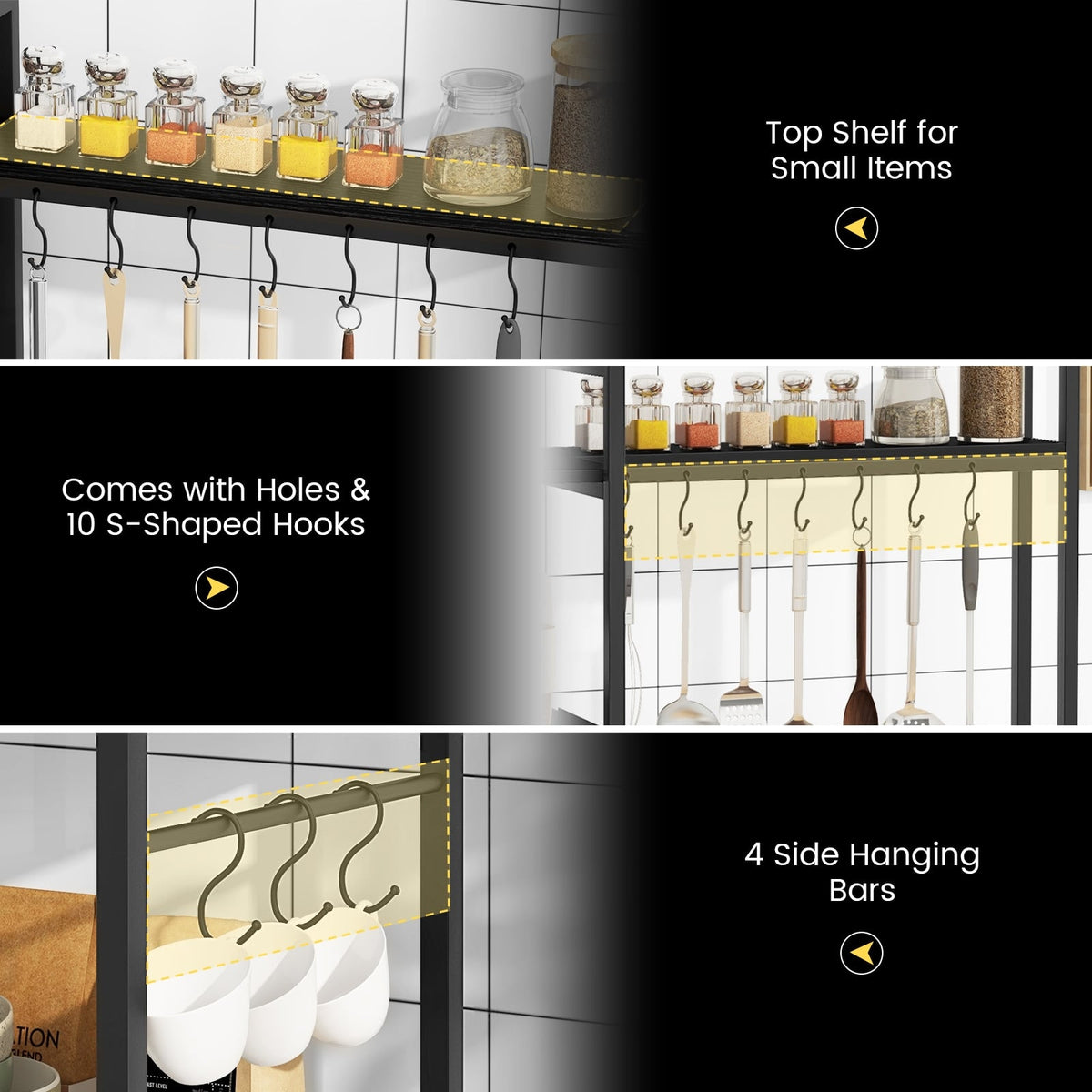 5-Tier Bakers Rack with Power Outlets and 10 S-Shaped Hooks-Black-Baker’s Racks-DECOROLALA