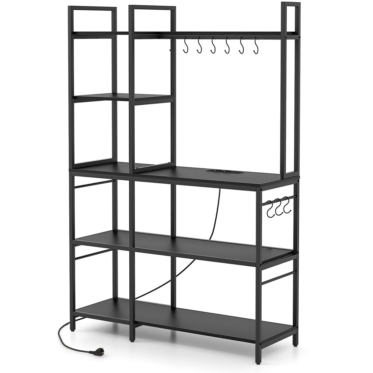 5-Tier Bakers Rack with Power Outlets and 10 S-Shaped Hooks-Black-Baker’s Racks-DECOROLALA