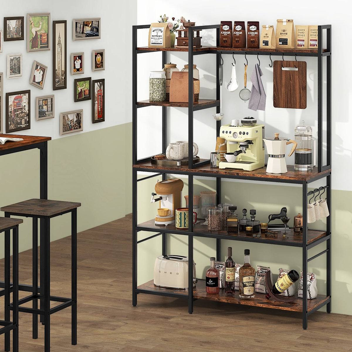 5-Tier Bakers Rack with Power Outlets and 10 S-Shaped Hooks-Rustic Brown-Baker’s Racks-DECOROLALA