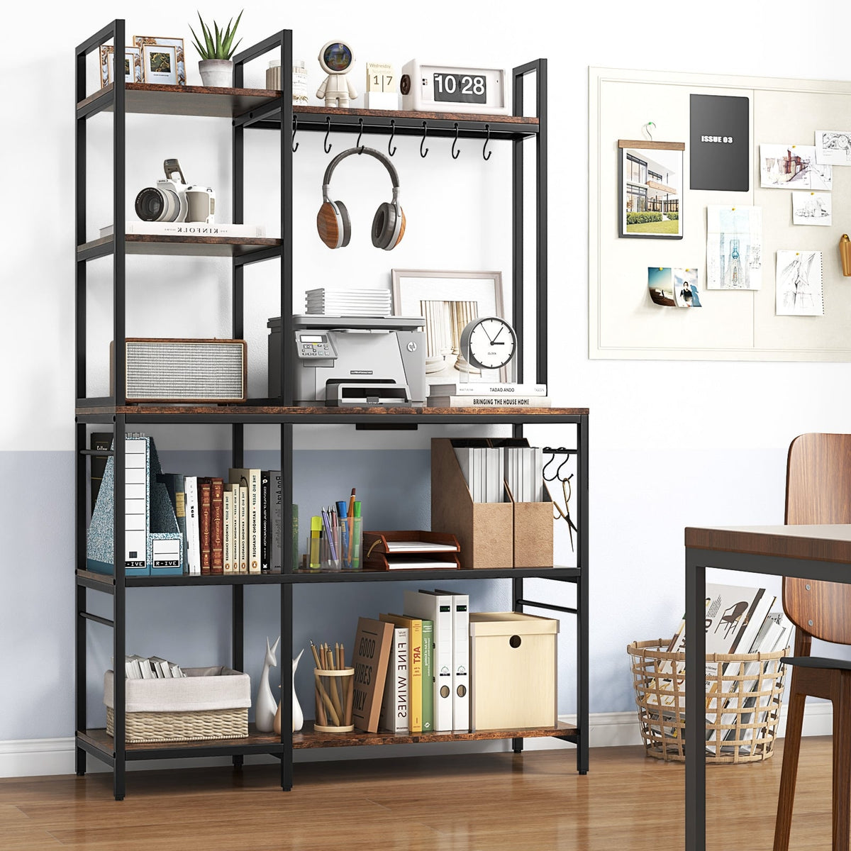 5-Tier Bakers Rack with Power Outlets and 10 S-Shaped Hooks-Rustic Brown-Baker’s Racks-DECOROLALA