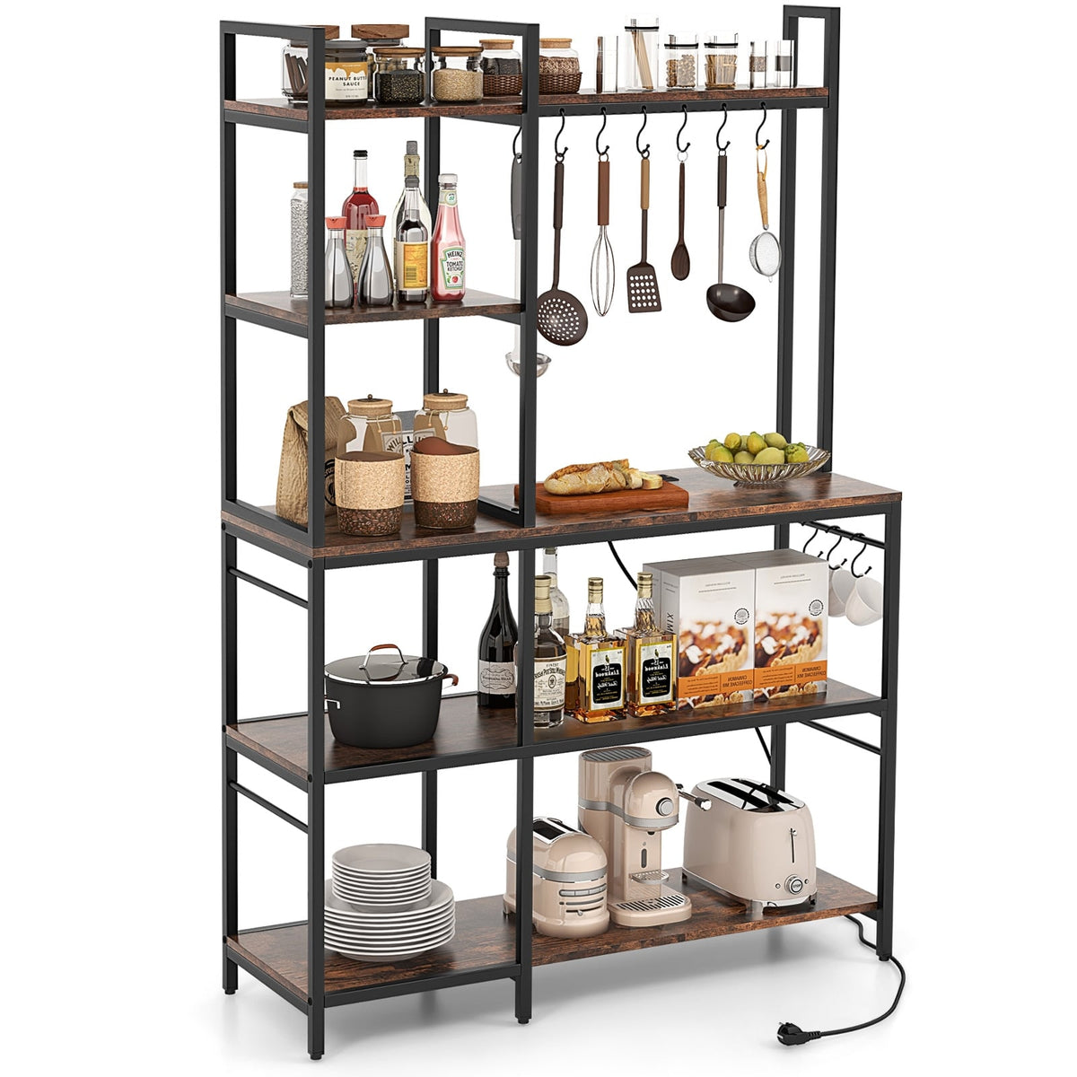 5-Tier Bakers Rack with Power Outlets and 10 S-Shaped Hooks-Rustic Brown-Baker’s Racks-DECOROLALA