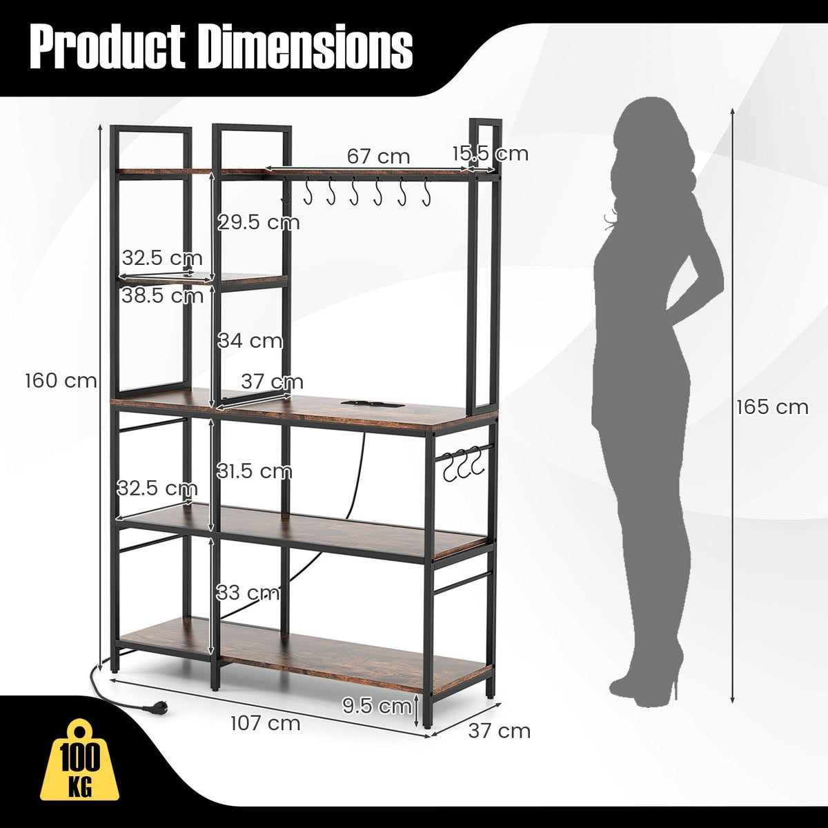 5-Tier Bakers Rack with Power Outlets and 10 S-Shaped Hooks-Rustic Brown-Baker’s Racks-DECOROLALA