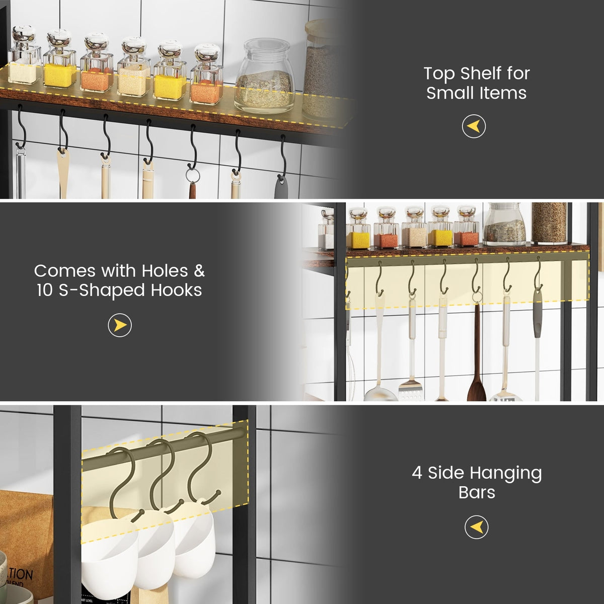 5-Tier Bakers Rack with Power Outlets and 10 S-Shaped Hooks-Rustic Brown-Baker’s Racks-DECOROLALA