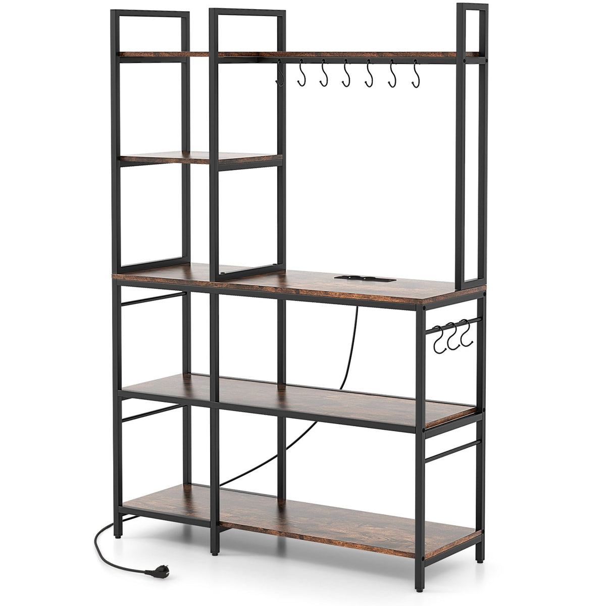 5-Tier Bakers Rack with Power Outlets and 10 S-Shaped Hooks-Rustic Brown-Baker’s Racks-DECOROLALA