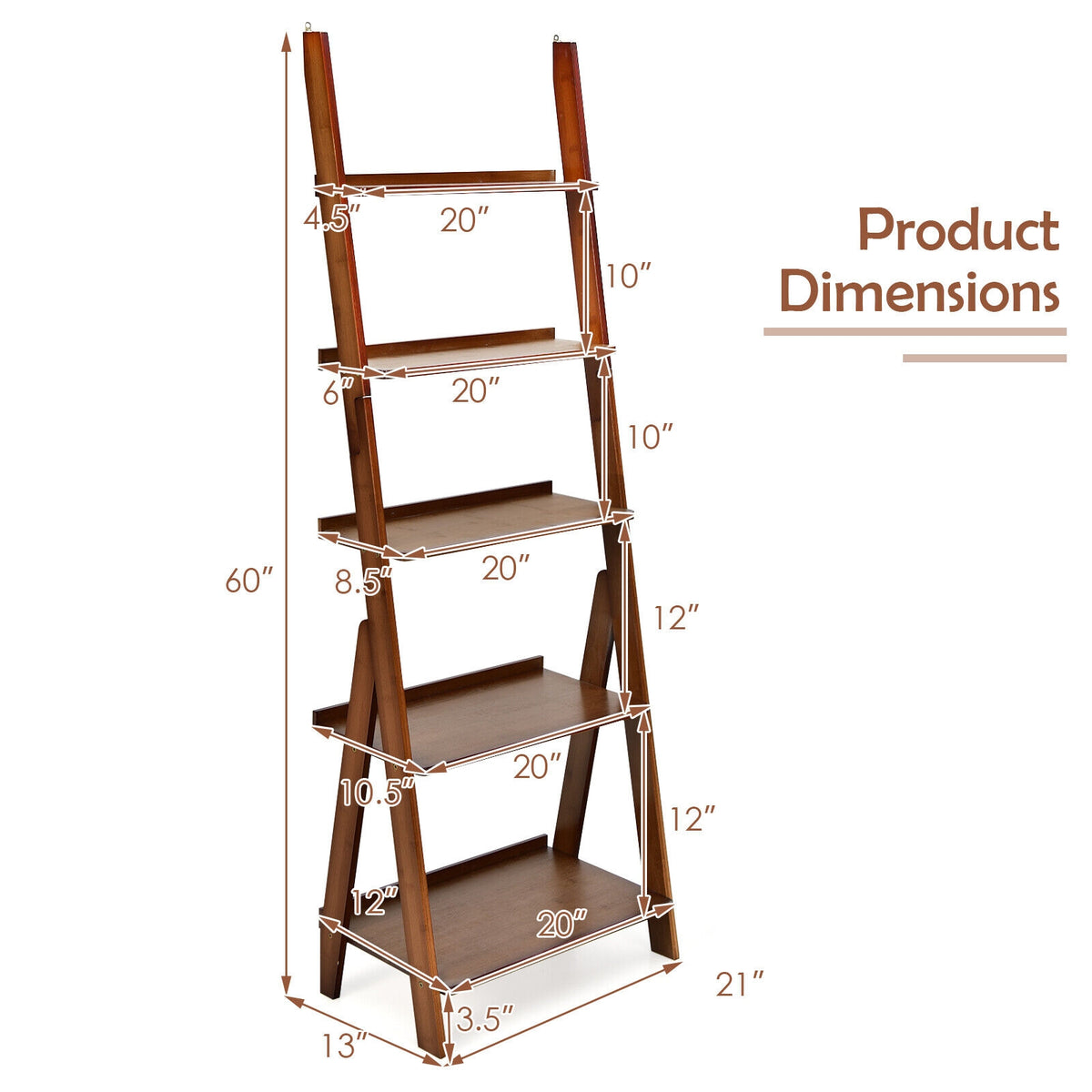 5-Tier Bamboo Ladder Shelf for Home Use-Brown-Bookcases-DECOROLALA