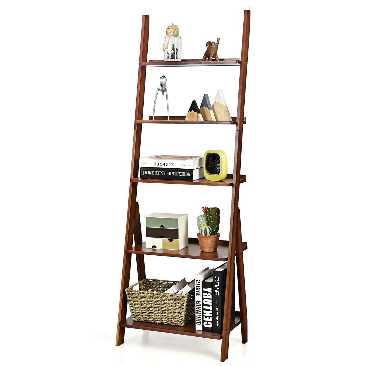 5-Tier Bamboo Ladder Shelf for Home Use-Brown-Bookcases-DECOROLALA