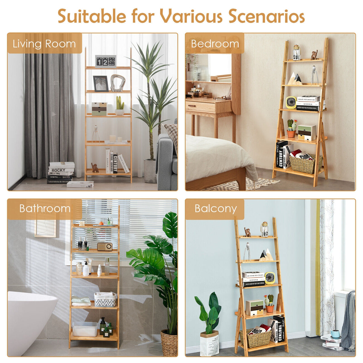 5-Tier Bamboo Ladder Shelf for Home Use-Natural-Bookcases-DECOROLALA