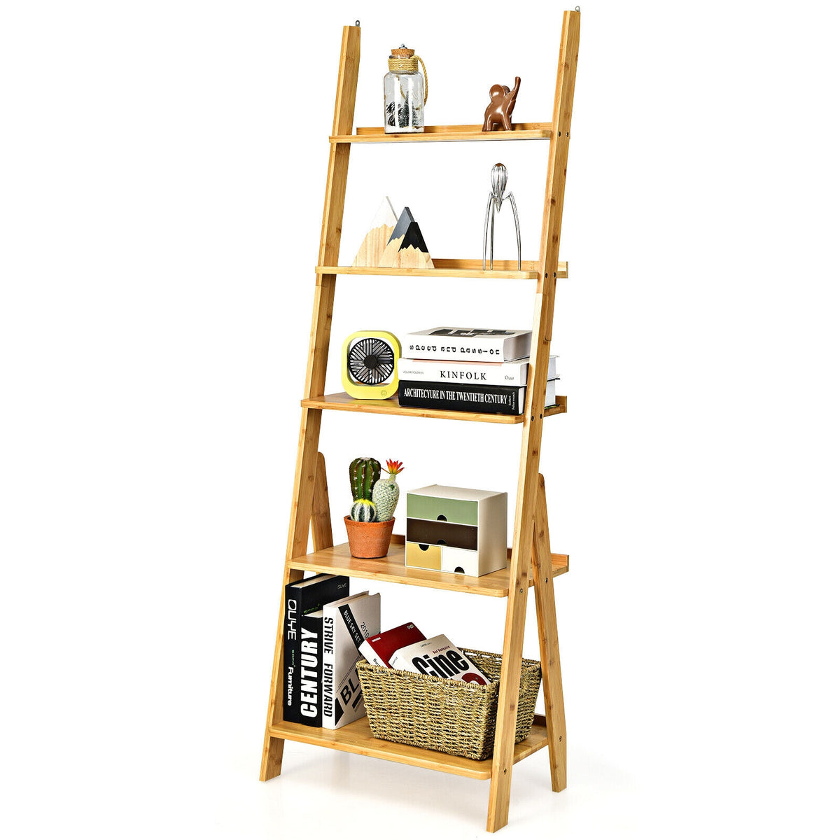 5-Tier Bamboo Ladder Shelf for Home Use-Natural-Bookcases-DECOROLALA