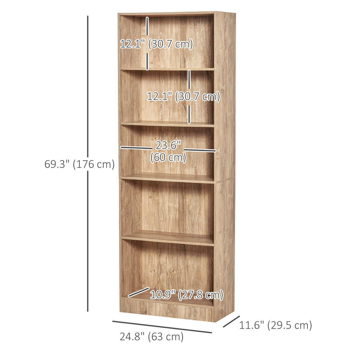 5-Tier Bookcase with Adjustable Shelves - Natural Wood 69"H-Display Bookshelves-DECOROLALA