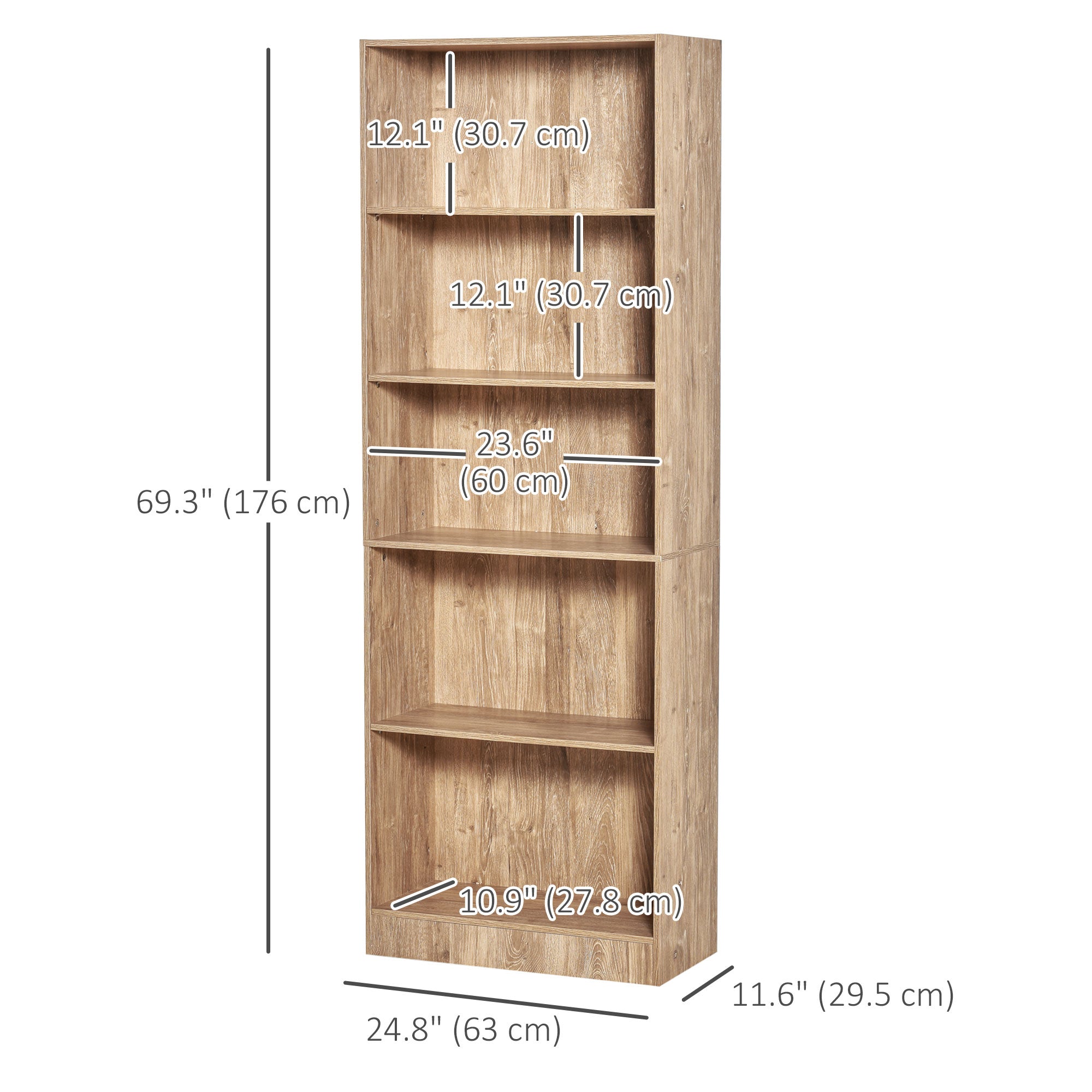 5-Tier Bookcase with Adjustable Shelves - Natural Wood 69"H-Home Furnishings > Storage & Organization > Bookshelves & Bookcases > Display Bookshelves-DECOROLALA