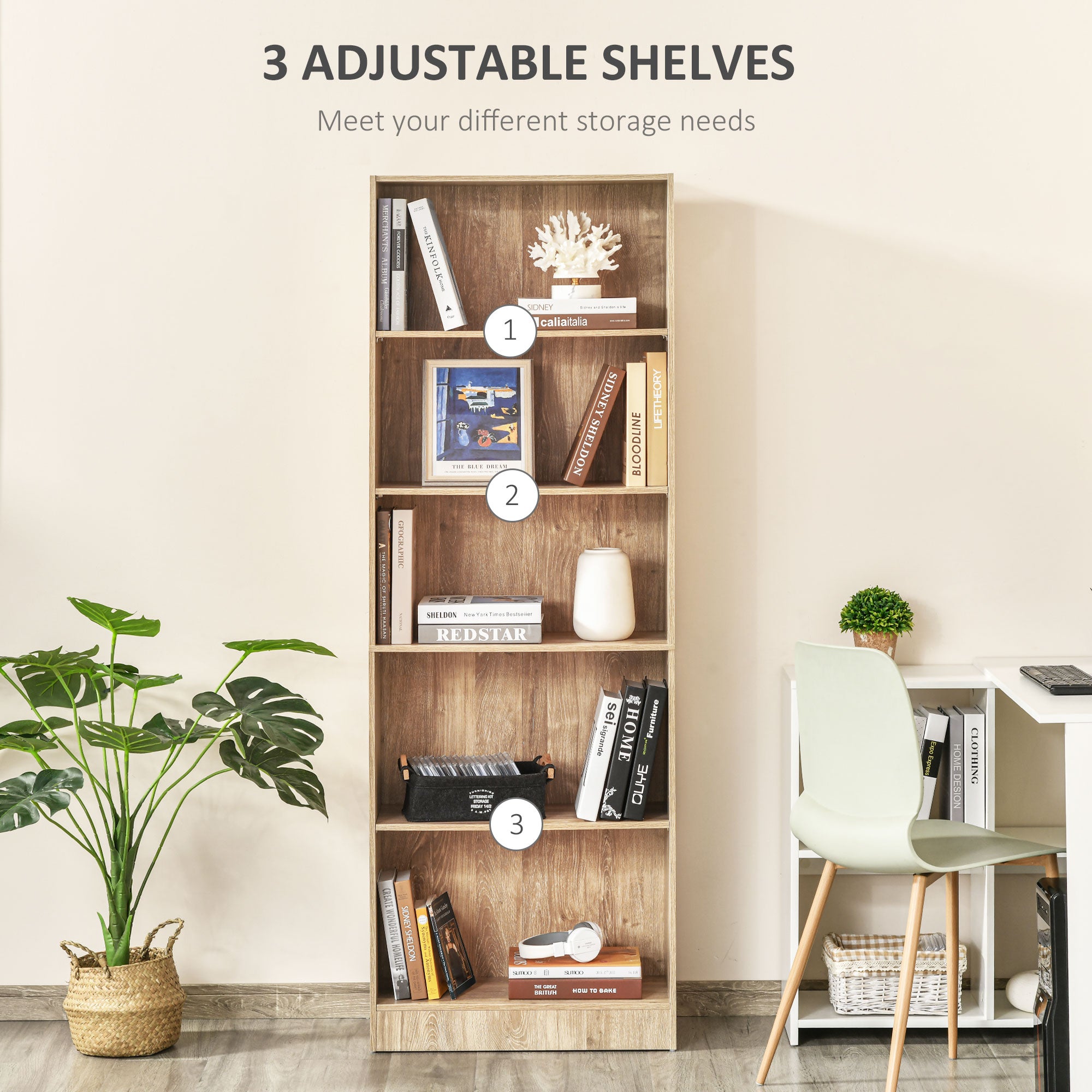5-Tier Bookcase with Adjustable Shelves - Natural Wood 69"H-Home Furnishings > Storage & Organization > Bookshelves & Bookcases > Display Bookshelves-DECOROLALA
