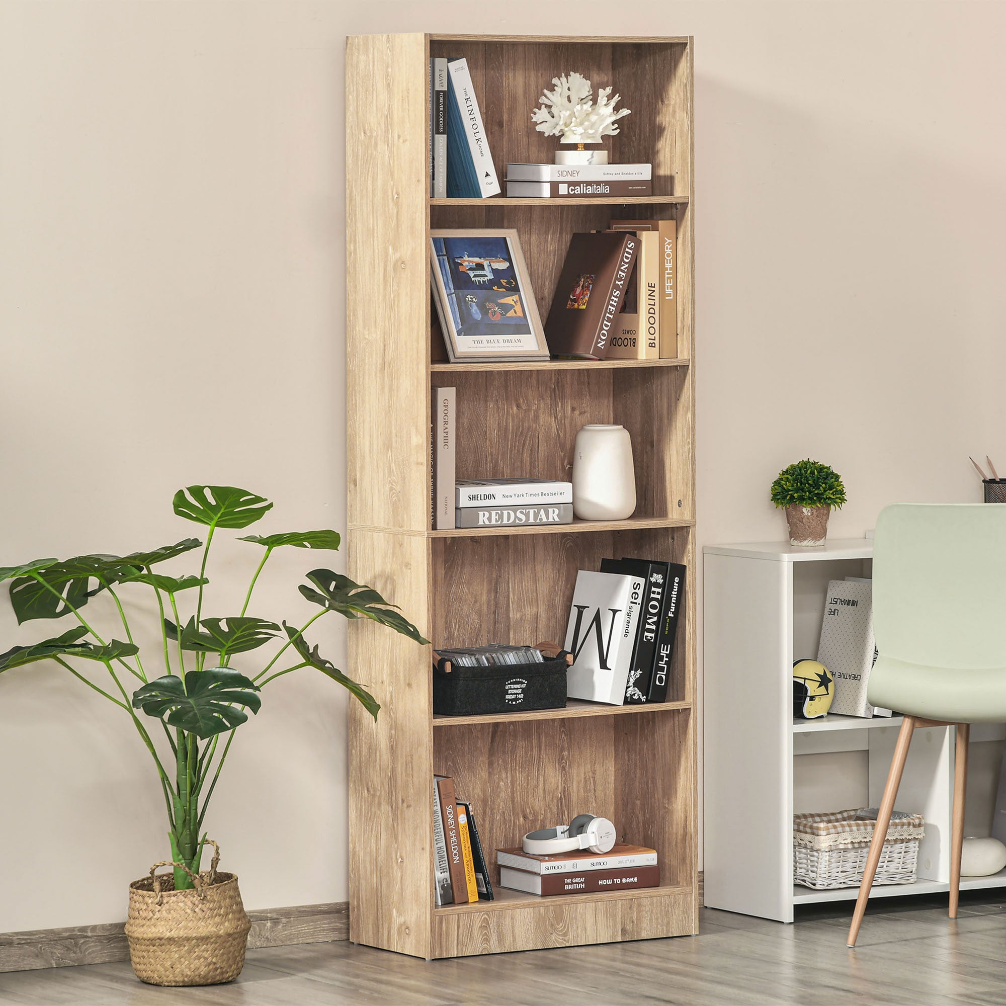 5-Tier Bookcase with Adjustable Shelves - Natural Wood 69"H-Home Furnishings > Storage & Organization > Bookshelves & Bookcases > Display Bookshelves-DECOROLALA