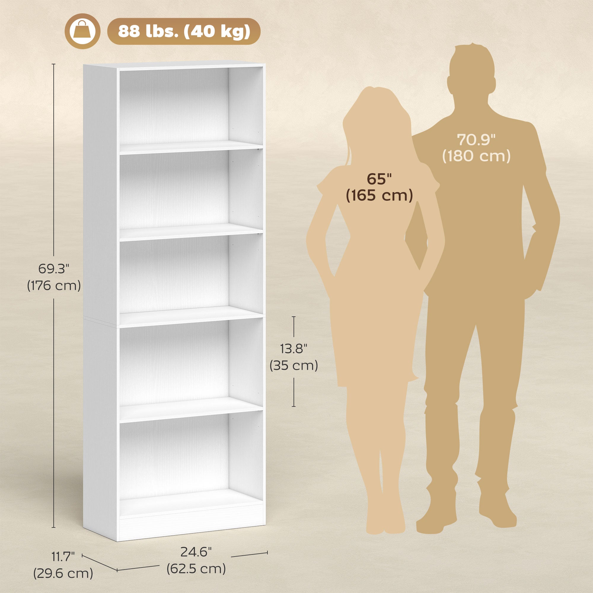 5-Tier Bookcase with Adjustable Shelves - White 69"H 24"W-Home Furnishings > Storage & Organization > Bookshelves & Bookcases > Display Bookshelves-DECOROLALA