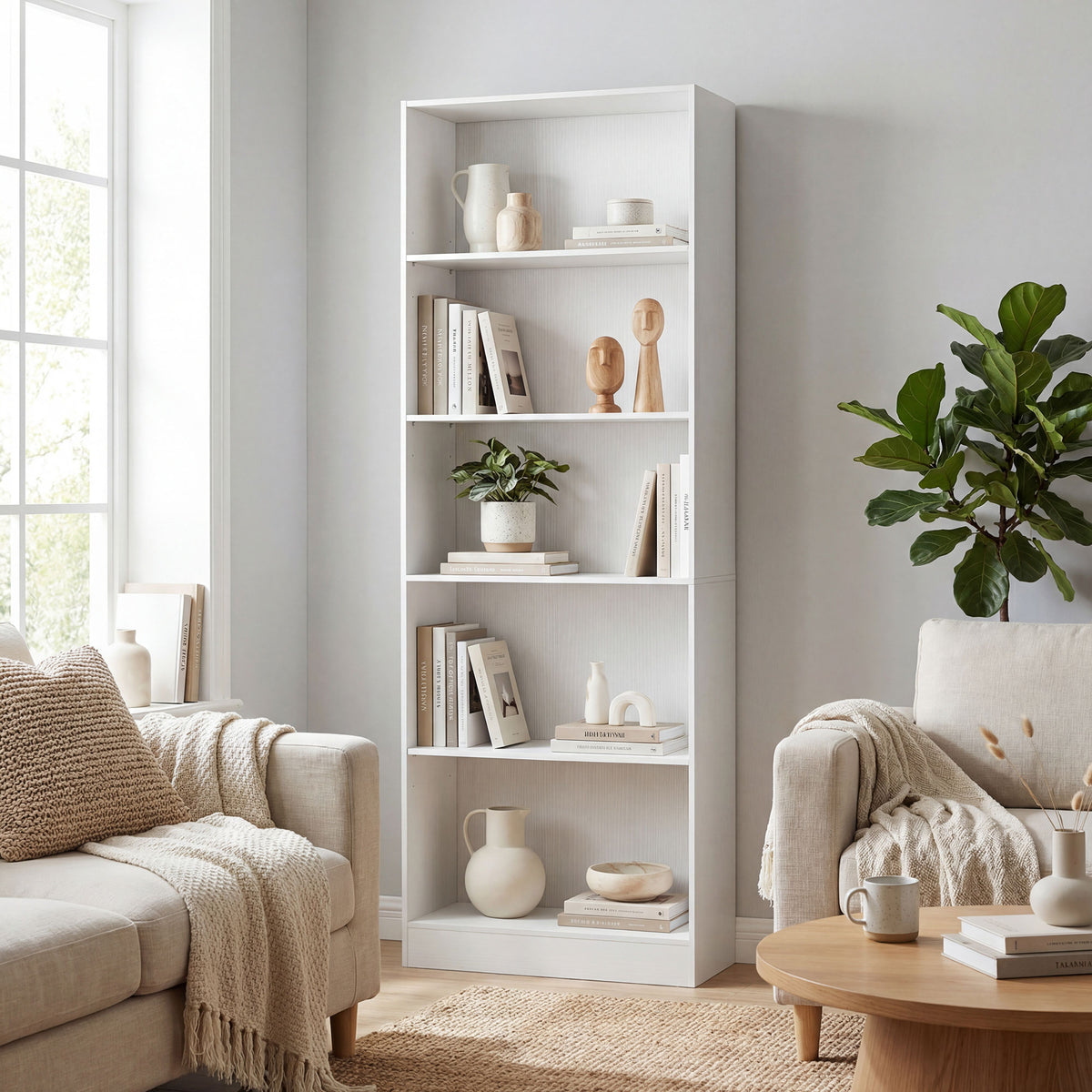 5-Tier Bookcase with Adjustable Shelves - White 69"H 24"W-Home Furnishings > Storage & Organization > Bookshelves & Bookcases > Display Bookshelves-DECOROLALA
