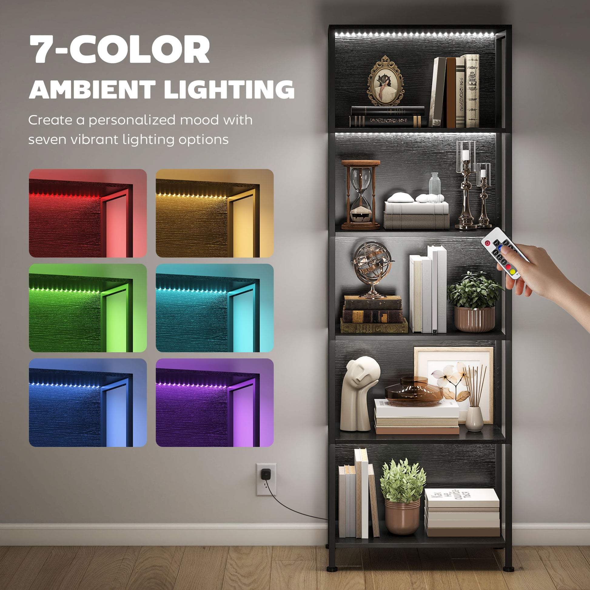 5-Tier Bookshelf, Freestanding Bookcase with LED Lights and Metal Frame for Living Room, Bedroom, Home Office, Black-Home Furnishings > Storage & Organization > Bookshelves & Bookcases > Display Bookshelves-DECOROLALA