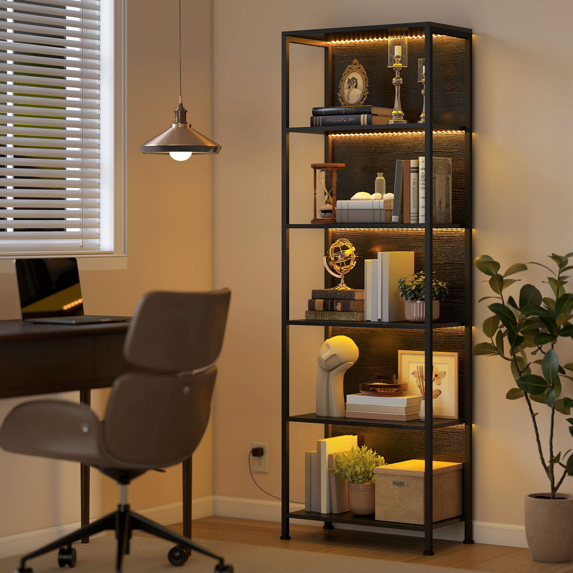 5-Tier Bookshelf, Freestanding Bookcase with LED Lights and Metal Frame for Living Room, Bedroom, Home Office, Black-Home Furnishings > Storage & Organization > Bookshelves & Bookcases > Display Bookshelves-DECOROLALA