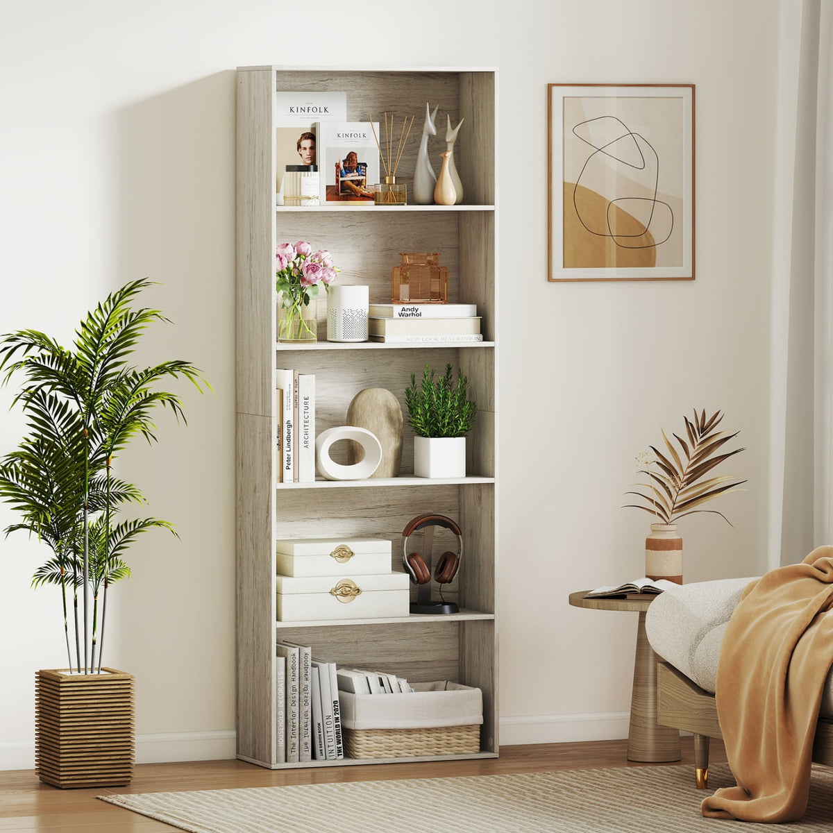 5-Tier Bookshelf Freestanding Display Shelf for Home Office-Gray-Bookcases-DECOROLALA