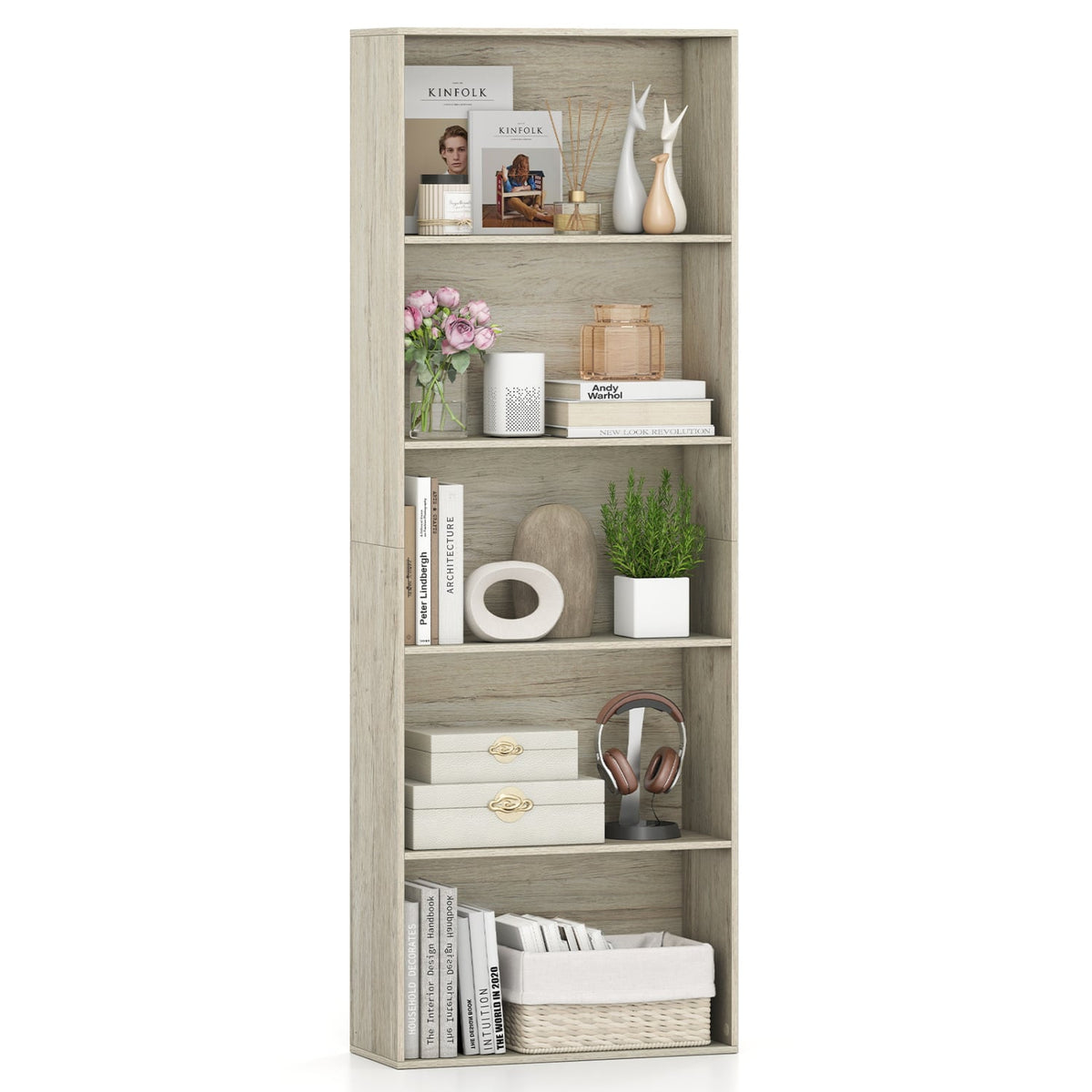 5-Tier Bookshelf Freestanding Display Shelf for Home Office-Gray-Bookcases-DECOROLALA