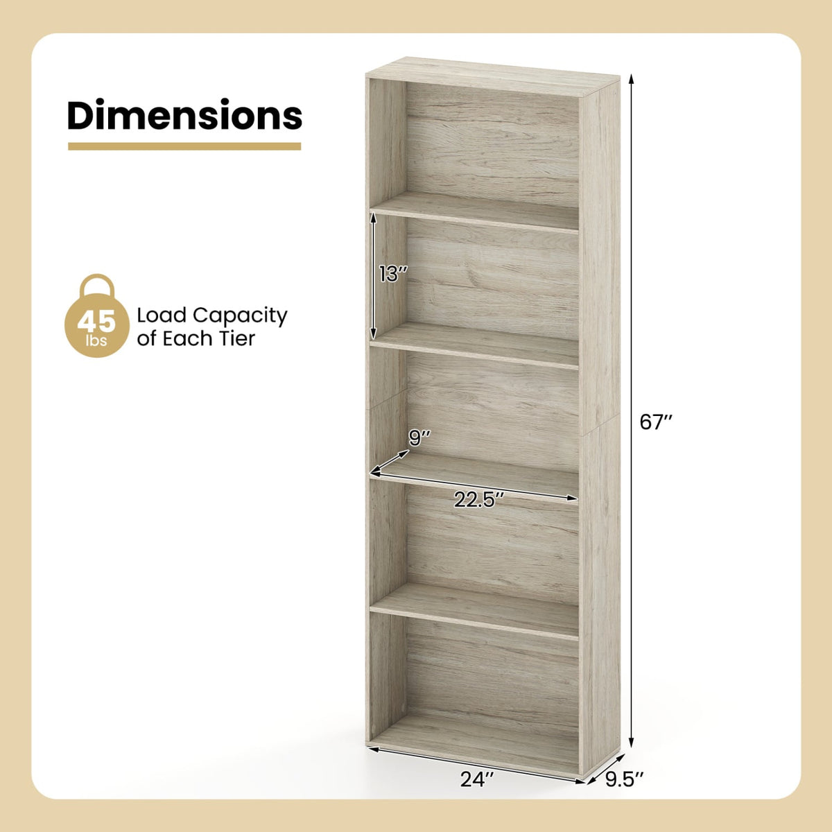 5-Tier Bookshelf Freestanding Display Shelf for Home Office-Gray-Bookcases-DECOROLALA