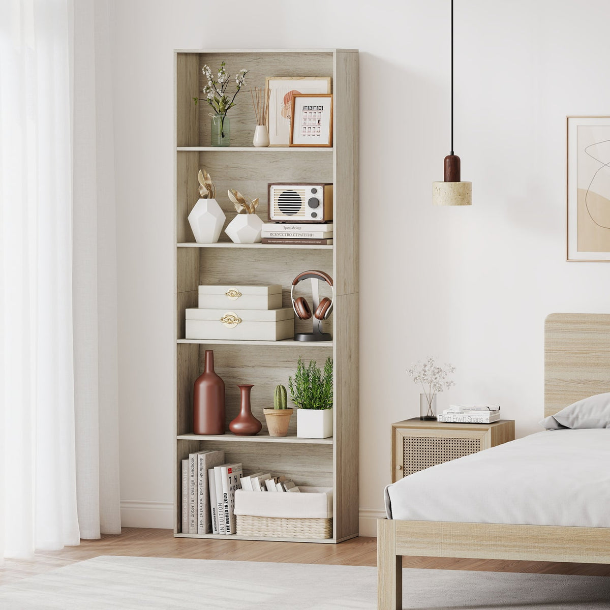 5-Tier Bookshelf Freestanding Display Shelf for Home Office-Gray-Bookcases-DECOROLALA