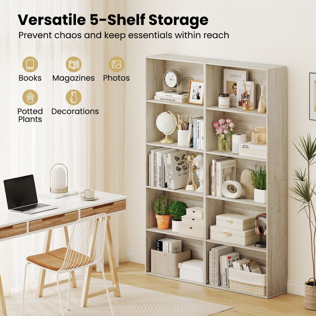5-Tier Bookshelf Freestanding Display Shelf for Home Office-Gray-Bookcases-DECOROLALA