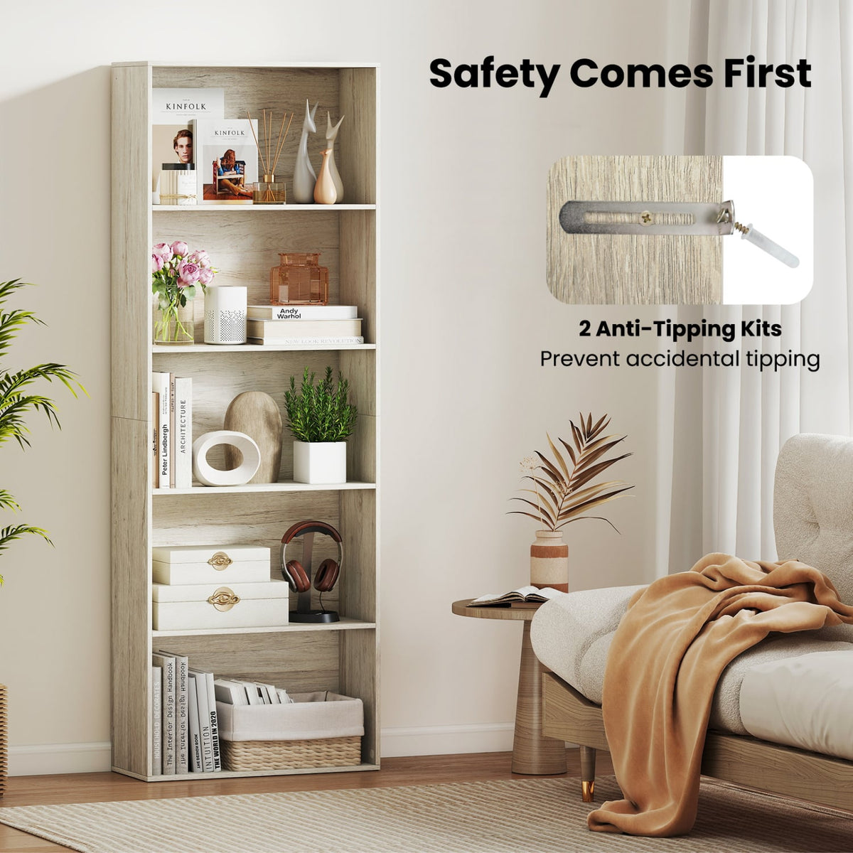 5-Tier Bookshelf Freestanding Display Shelf for Home Office-Gray-Bookcases-DECOROLALA