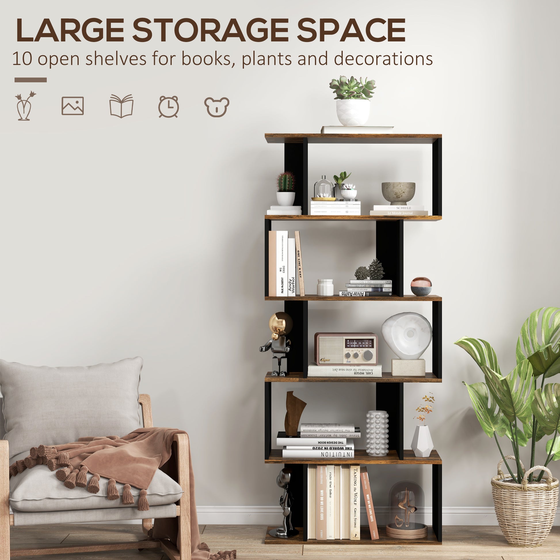 5-Tier Bookshelf, Geometric S Shaped Bookcase, Tall Narrow Display Shelf for for Living Room, Study Room, Rustic Brown-Home Furnishings > Storage & Organization > Bookshelves & Bookcases > Display Bookshelves-DECOROLALA
