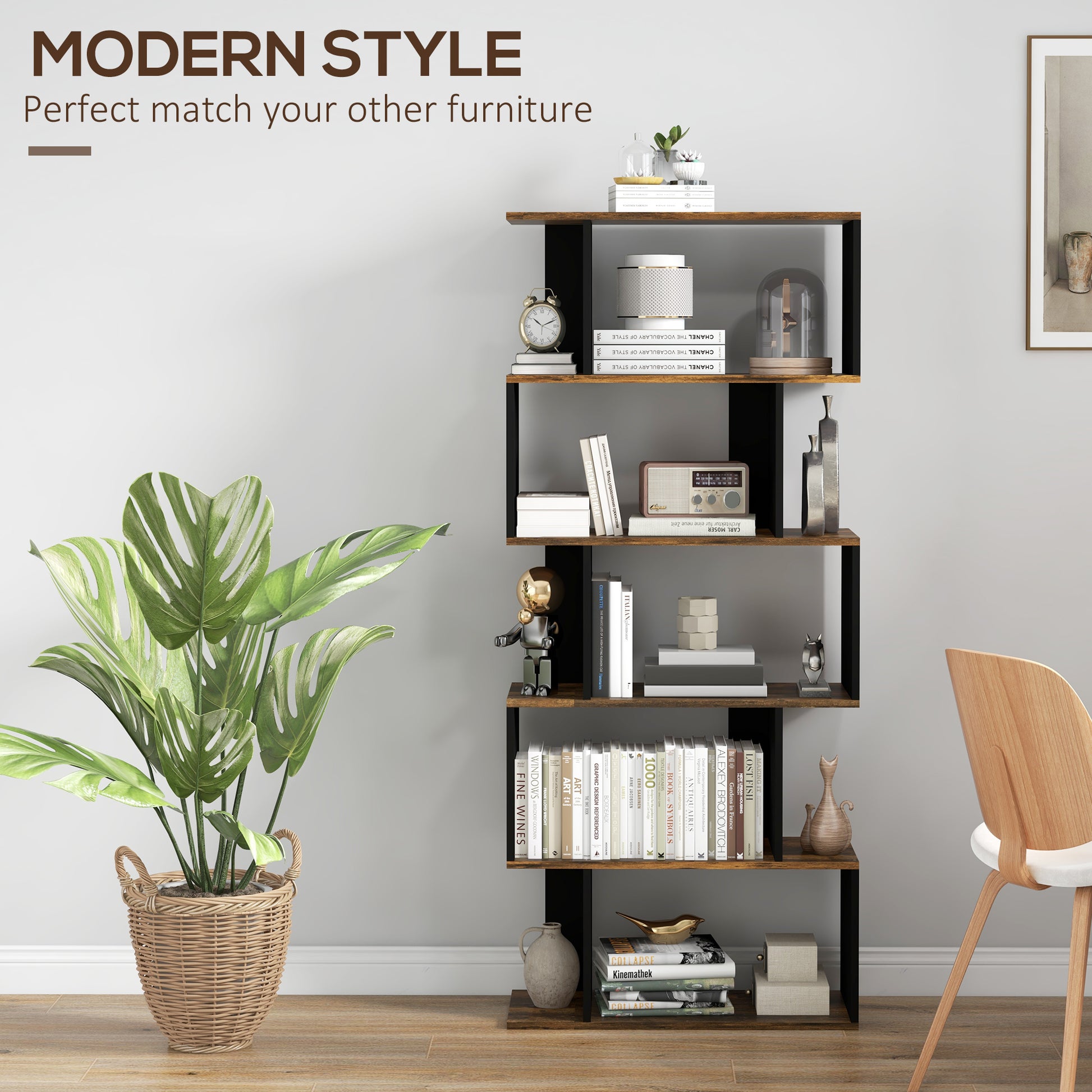 5-Tier Bookshelf, Geometric S Shaped Bookcase, Tall Narrow Display Shelf for for Living Room, Study Room, Rustic Brown-Home Furnishings > Storage & Organization > Bookshelves & Bookcases > Display Bookshelves-DECOROLALA