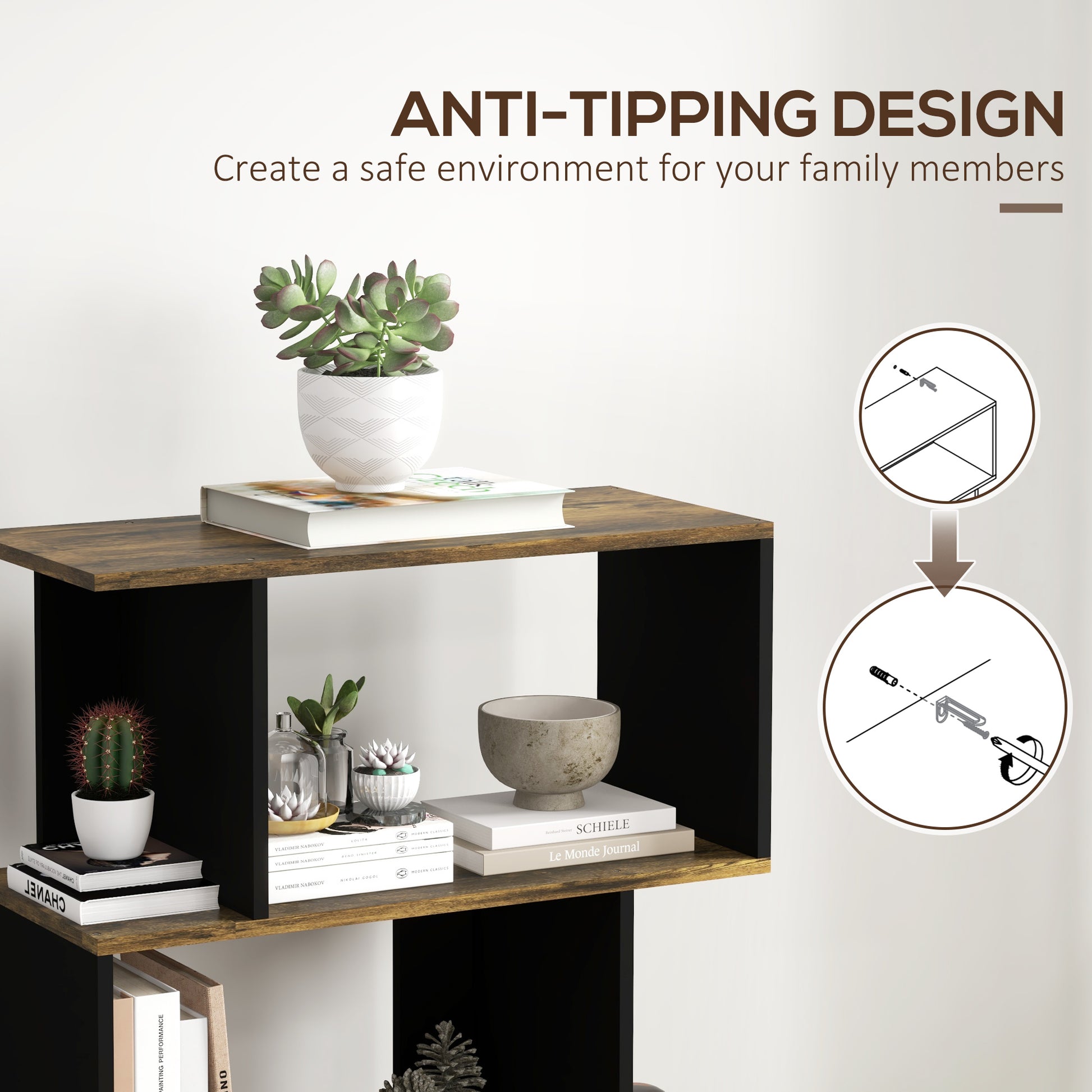 5-Tier Bookshelf, Geometric S Shaped Bookcase, Tall Narrow Display Shelf for for Living Room, Study Room, Rustic Brown-Home Furnishings > Storage & Organization > Bookshelves & Bookcases > Display Bookshelves-DECOROLALA