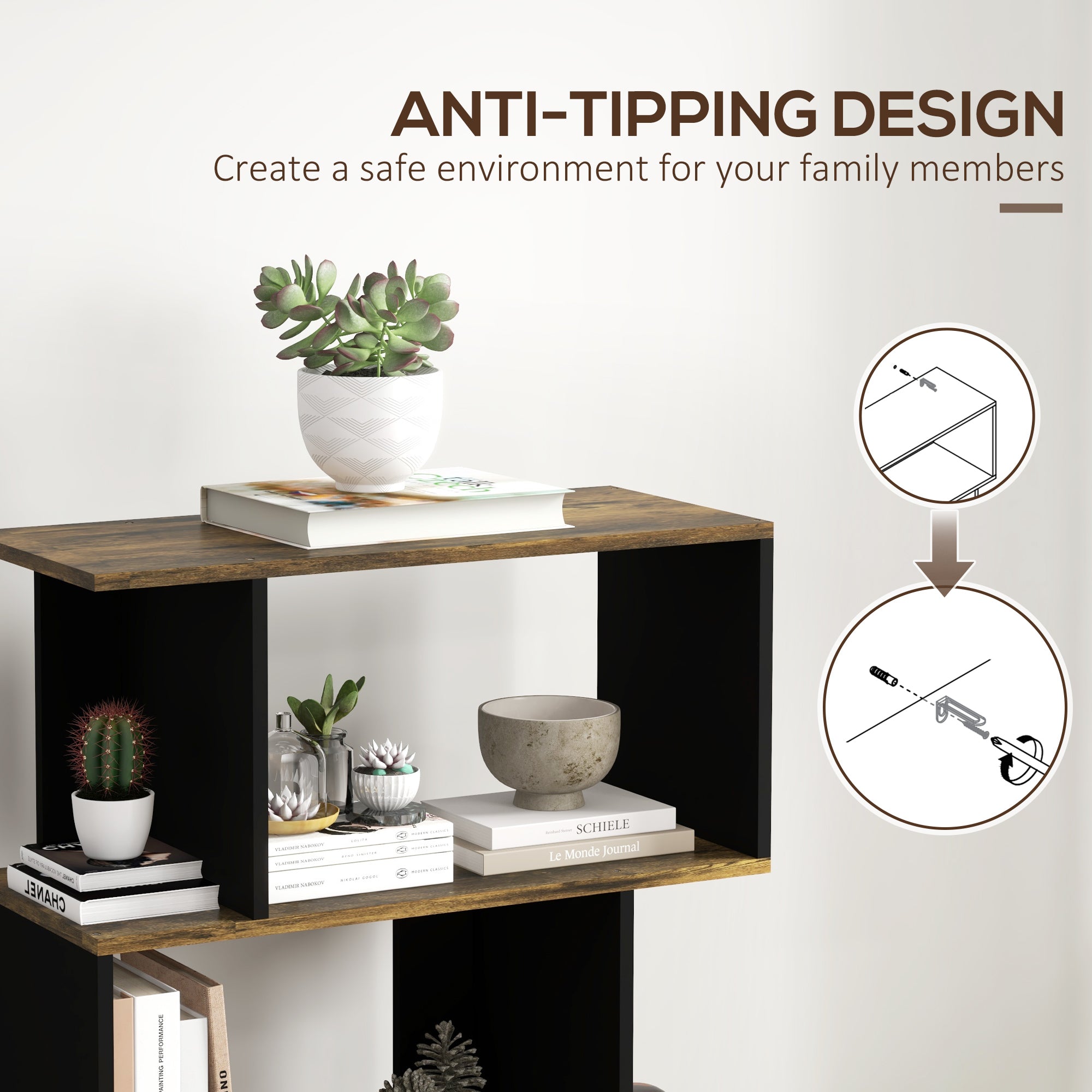 5-Tier Bookshelf, Geometric S Shaped Bookcase, Tall Narrow Display Shelf for for Living Room, Study Room, Rustic Brown-Home Furnishings > Storage & Organization > Bookshelves & Bookcases > Display Bookshelves-DECOROLALA
