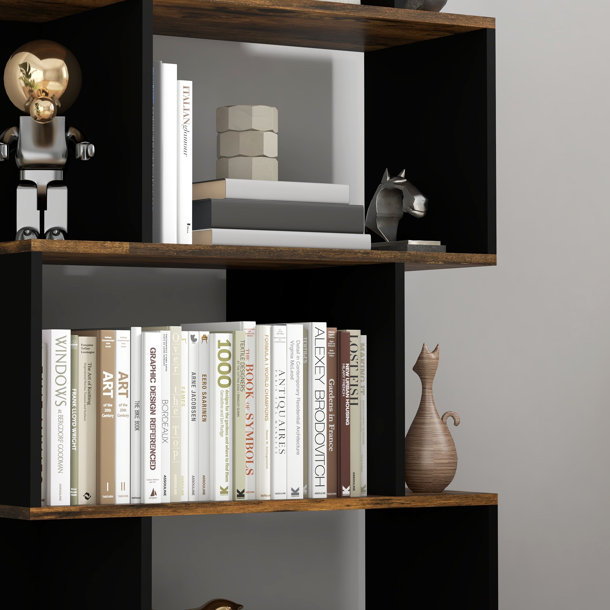 5-Tier Bookshelf, Geometric S Shaped Bookcase, Tall Narrow Display Shelf for for Living Room, Study Room, Rustic Brown-Home Furnishings > Storage & Organization > Bookshelves & Bookcases > Display Bookshelves-DECOROLALA