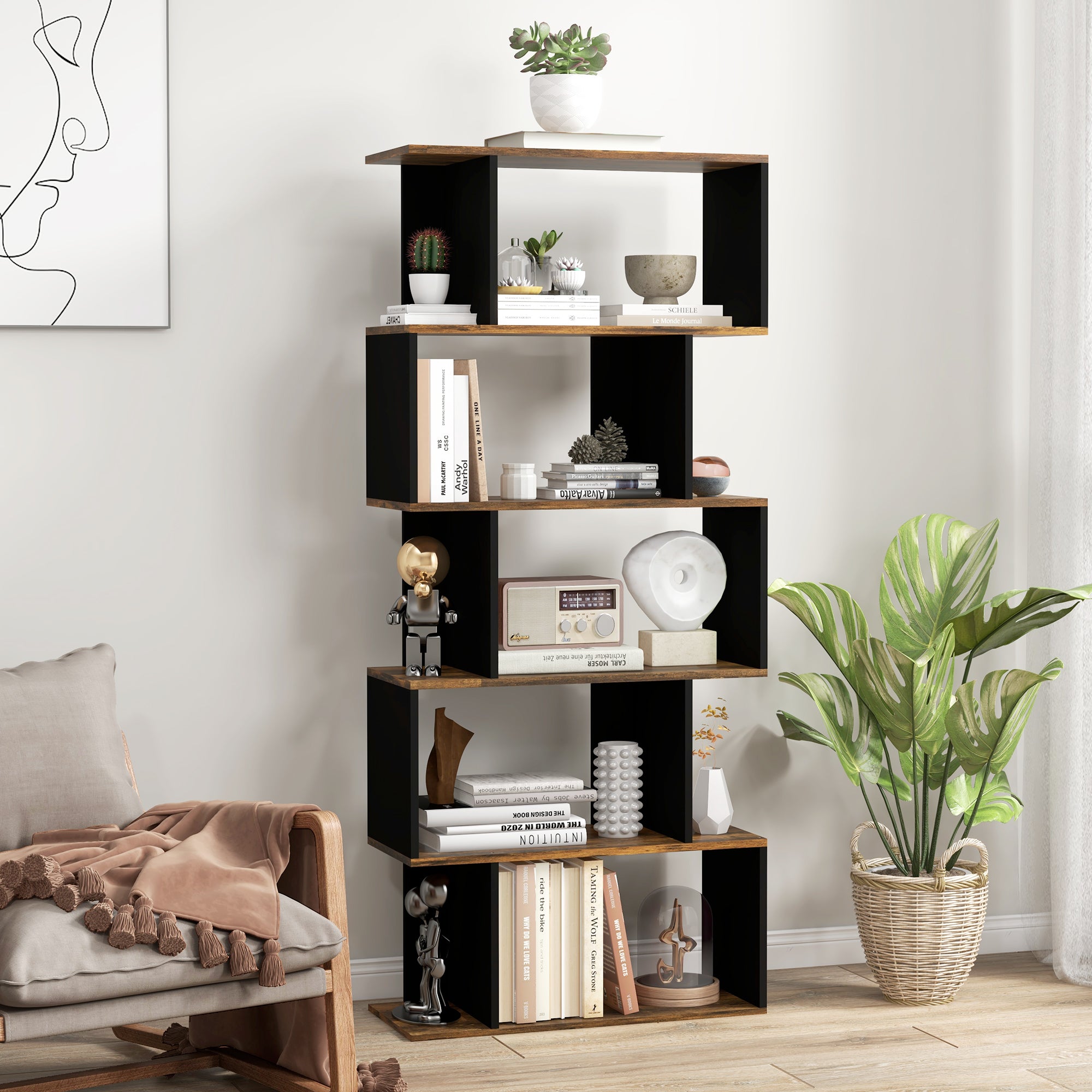 5-Tier Bookshelf, Geometric S Shaped Bookcase, Tall Narrow Display Shelf for for Living Room, Study Room, Rustic Brown-Home Furnishings > Storage & Organization > Bookshelves & Bookcases > Display Bookshelves-DECOROLALA