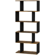 5-Tier Bookshelf, Geometric S Shaped Bookcase, Tall Narrow Display Shelf for for Living Room, Study Room, Rustic Brown-Home Furnishings > Storage & Organization > Bookshelves & Bookcases > Display Bookshelves-DECOROLALA
