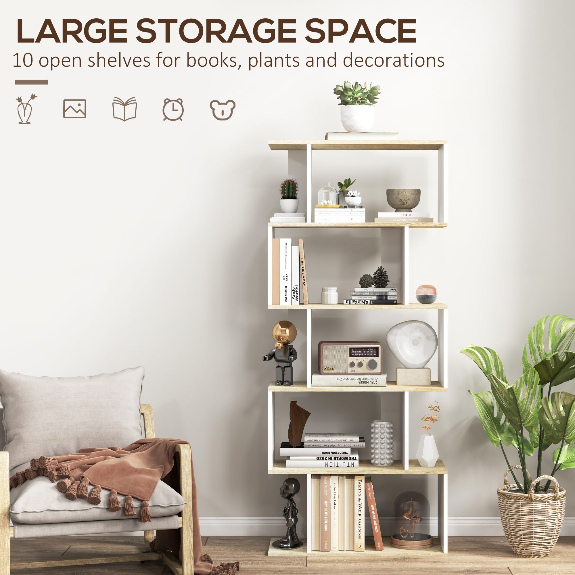 5-Tier Bookshelf, Geometric S Shaped Bookcase, Tall Narrow Display Shelf for for Living Room, Study Room, White-Home Furnishings > Storage & Organization > Bookshelves & Bookcases > Display Bookshelves-DECOROLALA