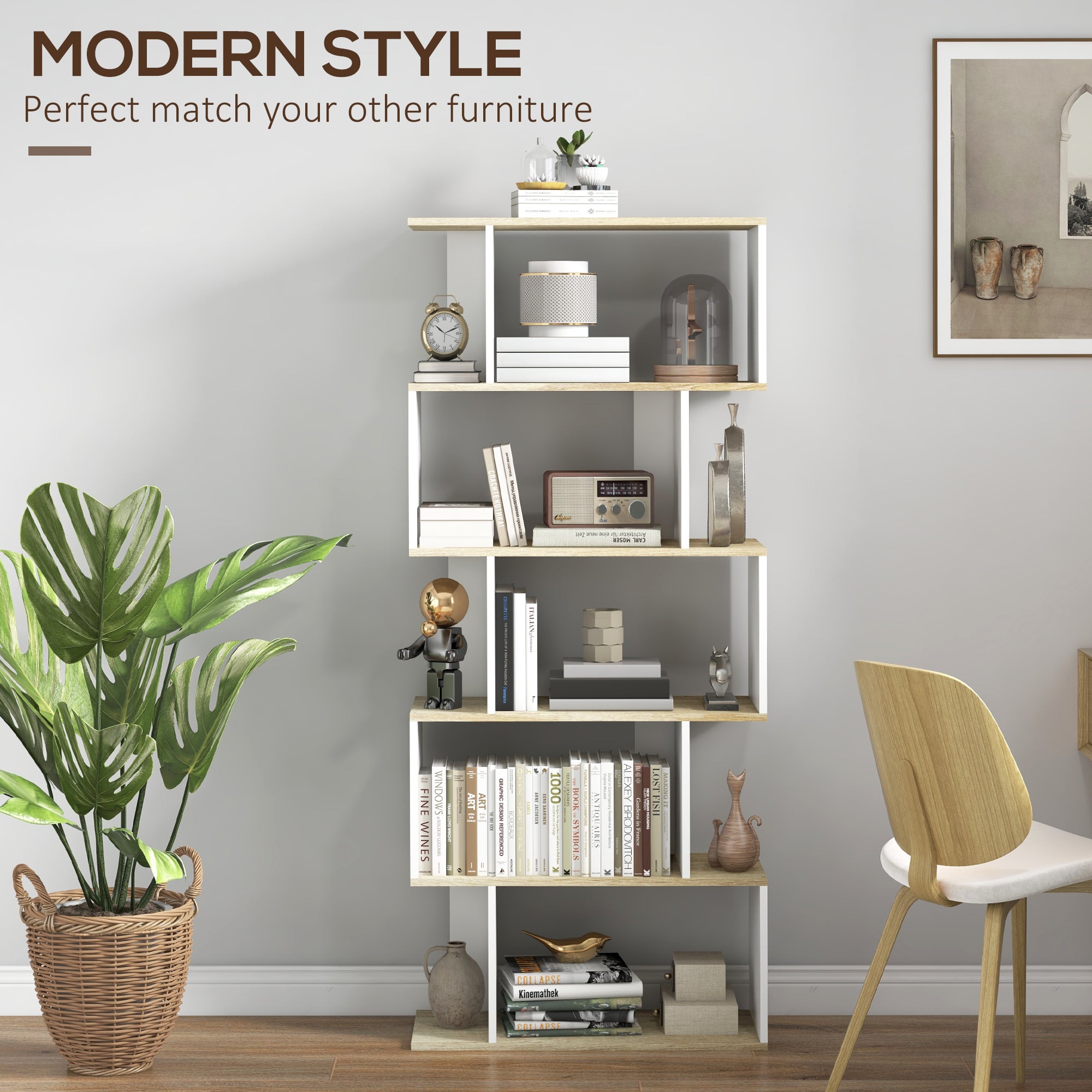 5-Tier Bookshelf, Geometric S Shaped Bookcase, Tall Narrow Display Shelf for for Living Room, Study Room, White-Home Furnishings > Storage & Organization > Bookshelves & Bookcases > Display Bookshelves-DECOROLALA