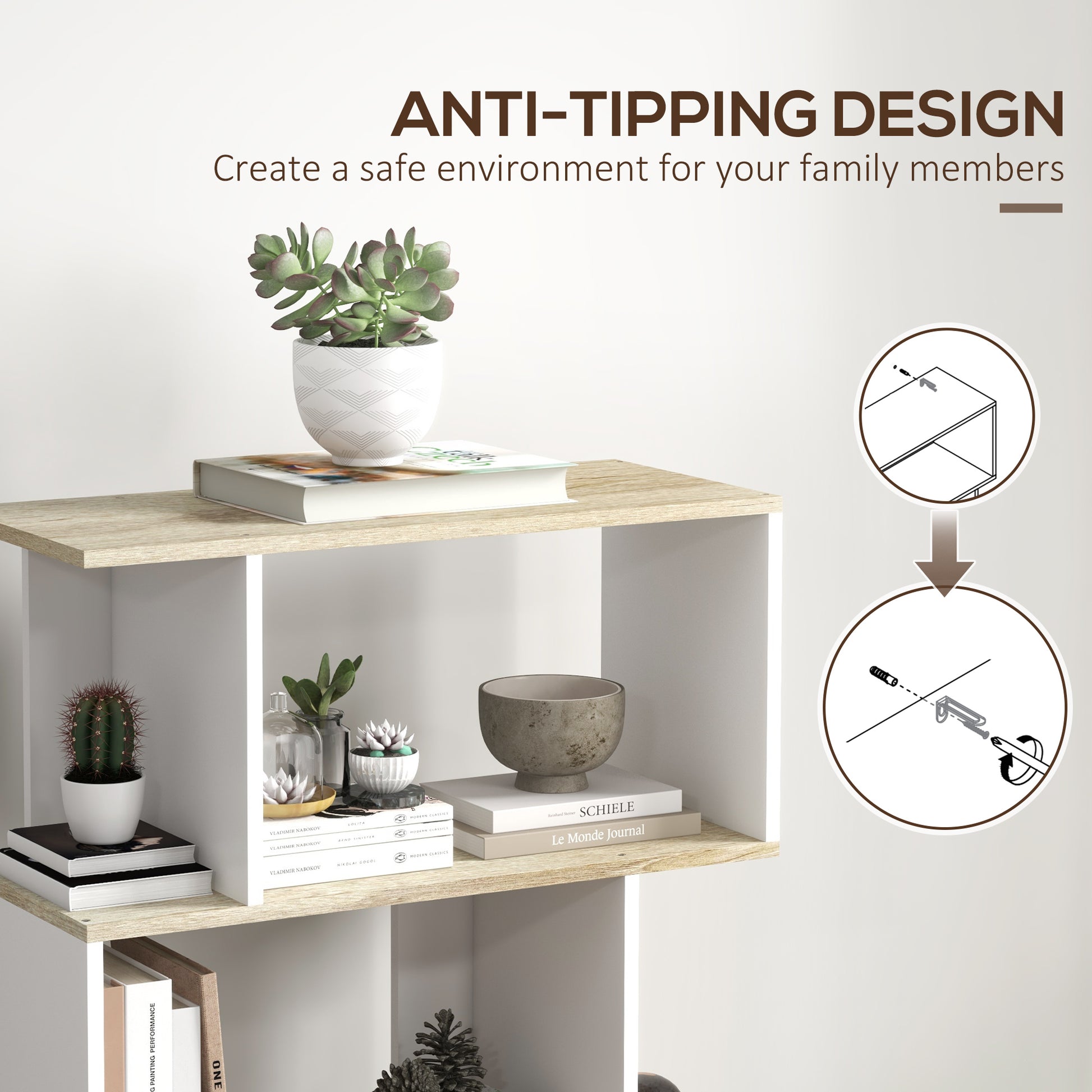 5-Tier Bookshelf, Geometric S Shaped Bookcase, Tall Narrow Display Shelf for for Living Room, Study Room, White-Home Furnishings > Storage & Organization > Bookshelves & Bookcases > Display Bookshelves-DECOROLALA