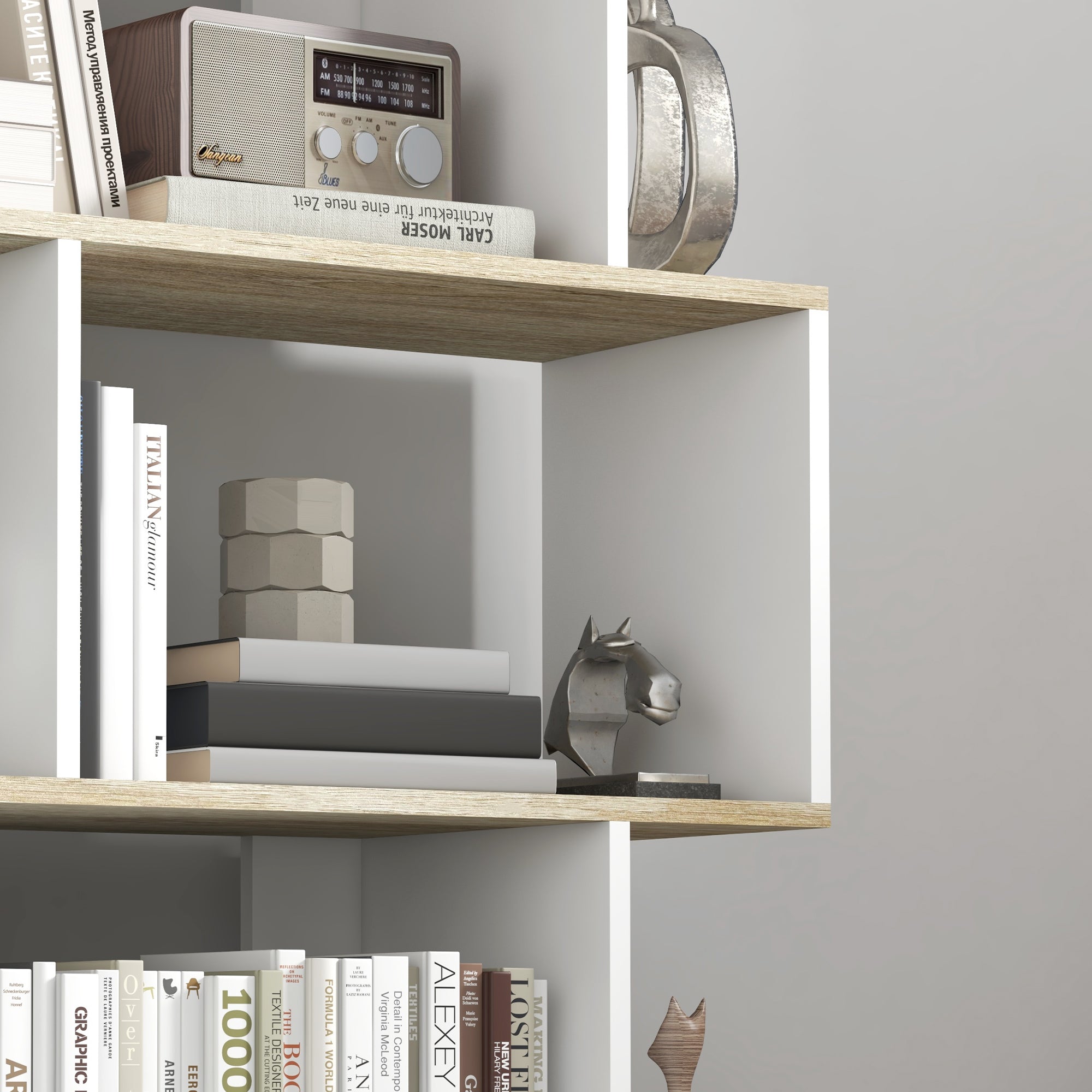 5-Tier Bookshelf, Geometric S Shaped Bookcase, Tall Narrow Display Shelf for for Living Room, Study Room, White-Home Furnishings > Storage & Organization > Bookshelves & Bookcases > Display Bookshelves-DECOROLALA