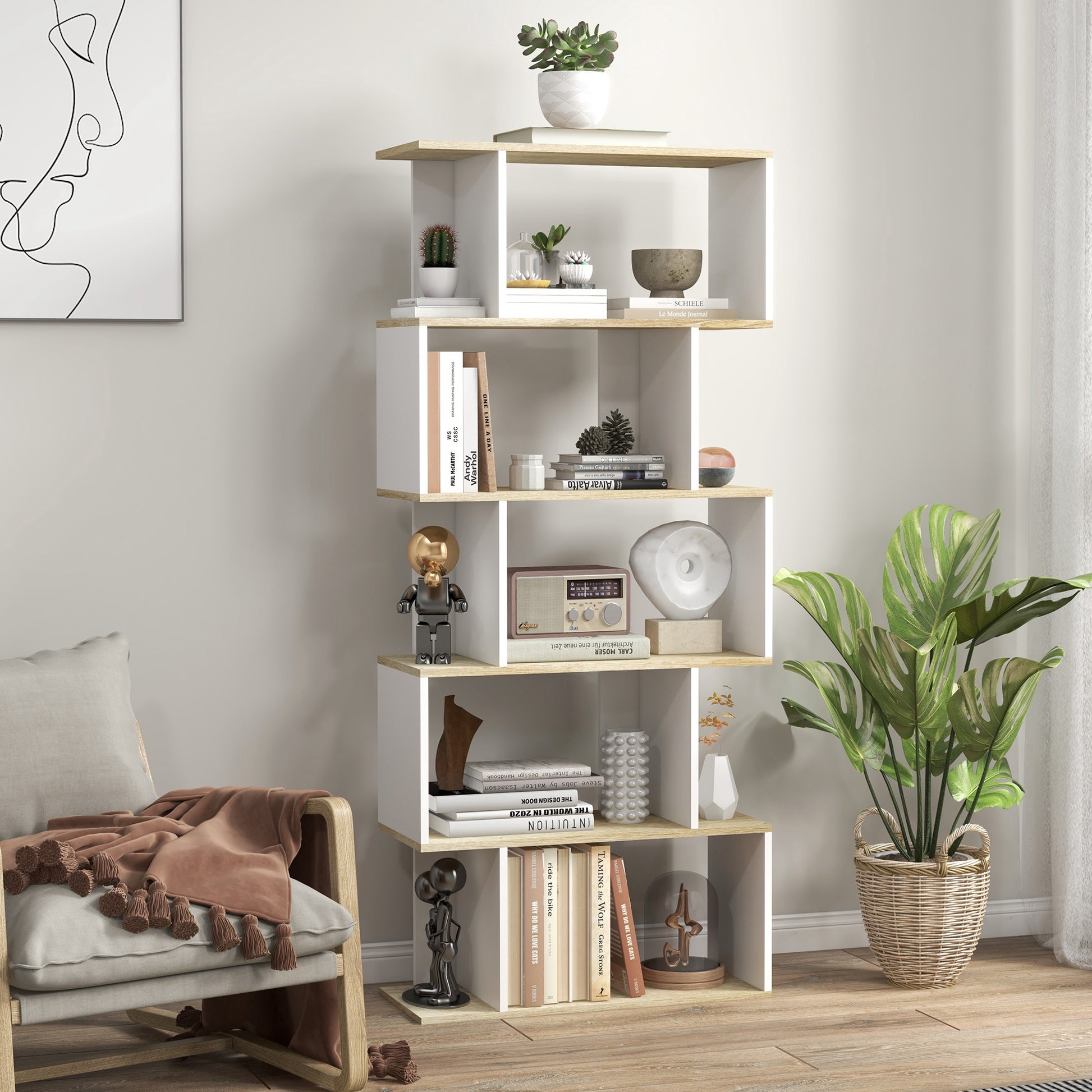 5-Tier Bookshelf, Geometric S Shaped Bookcase, Tall Narrow Display Shelf for for Living Room, Study Room, White-Home Furnishings > Storage & Organization > Bookshelves & Bookcases > Display Bookshelves-DECOROLALA