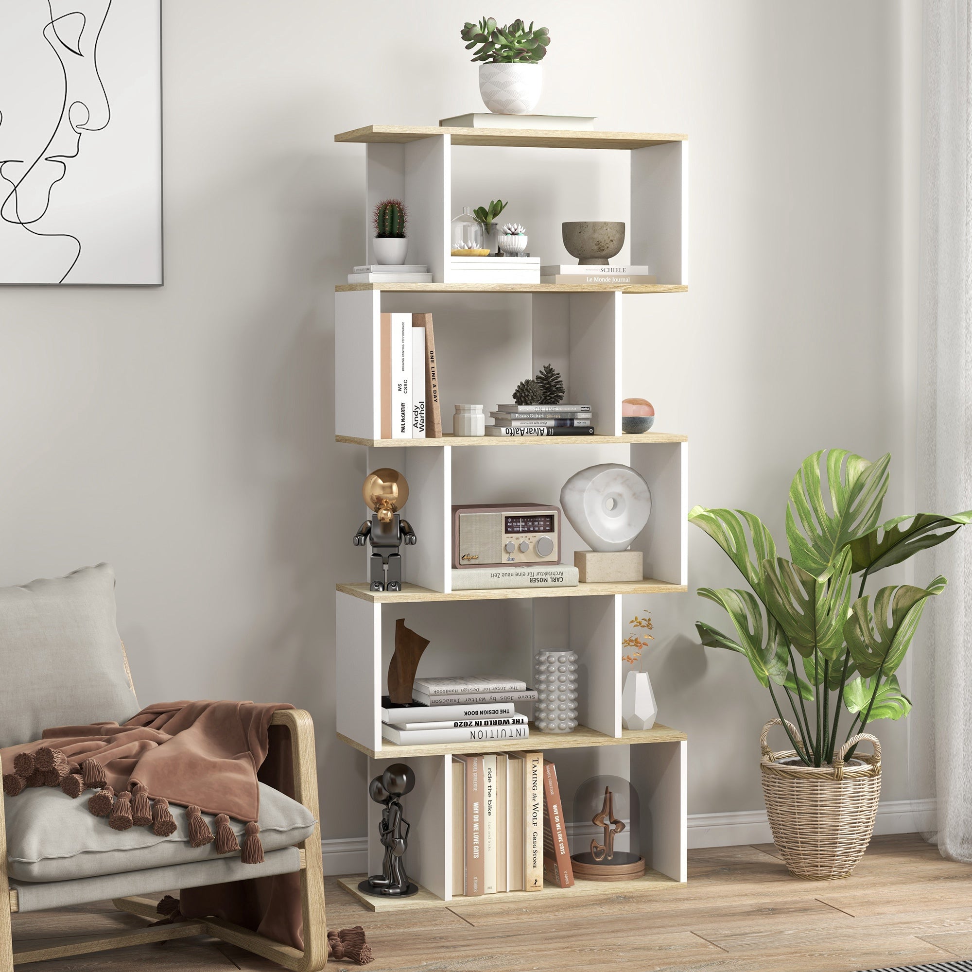 5-Tier Bookshelf, Geometric S Shaped Bookcase, Tall Narrow Display Shelf for for Living Room, Study Room, White-Home Furnishings > Storage & Organization > Bookshelves & Bookcases > Display Bookshelves-DECOROLALA