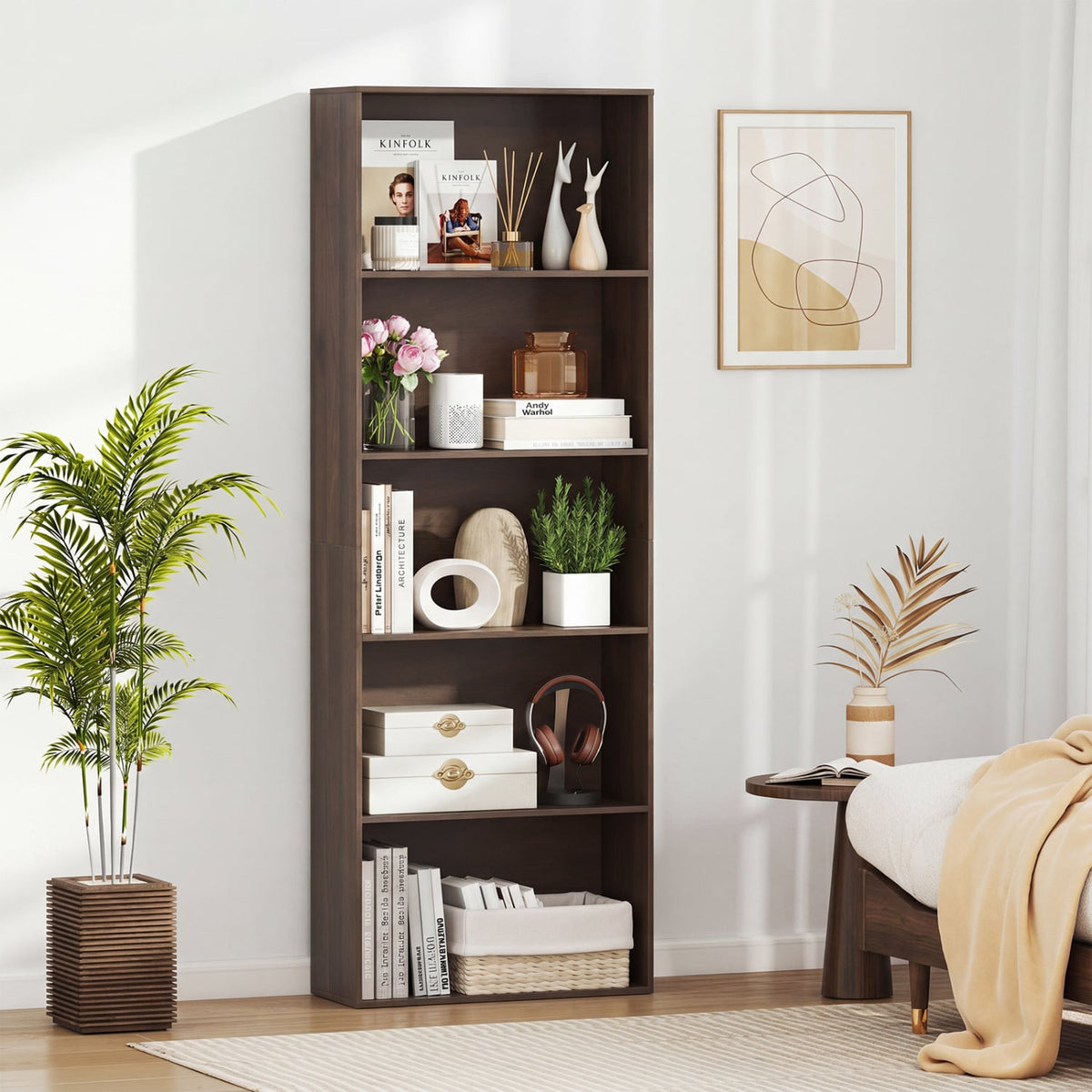 5-Tier Bookshelf Open Bookcase Freestanding Display Shelf Storage Organizer-Dark Walnut-Bookcases-DECOROLALA