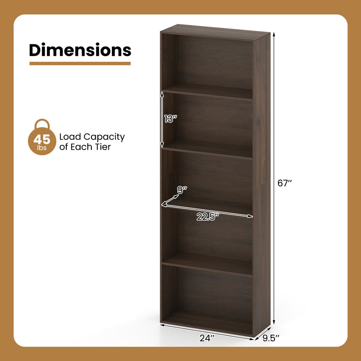 5-Tier Bookshelf Open Bookcase Freestanding Display Shelf Storage Organizer-Dark Walnut-Bookcases-DECOROLALA