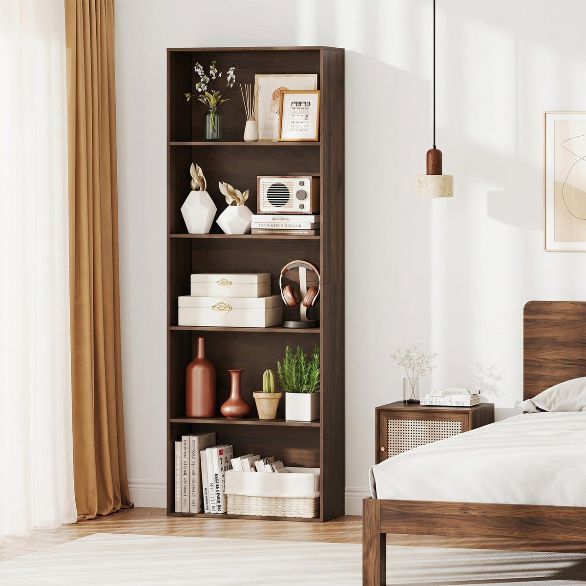 5-Tier Bookshelf Open Bookcase Freestanding Display Shelf Storage Organizer-Dark Walnut-Bookcases-DECOROLALA