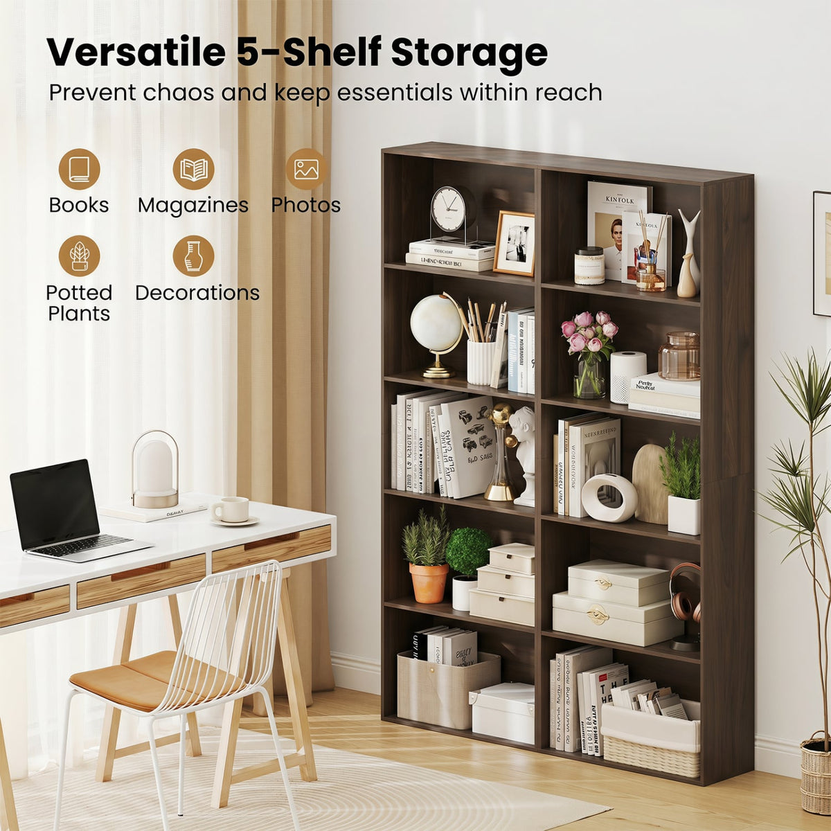 5-Tier Bookshelf Open Bookcase Freestanding Display Shelf Storage Organizer-Dark Walnut-Bookcases-DECOROLALA