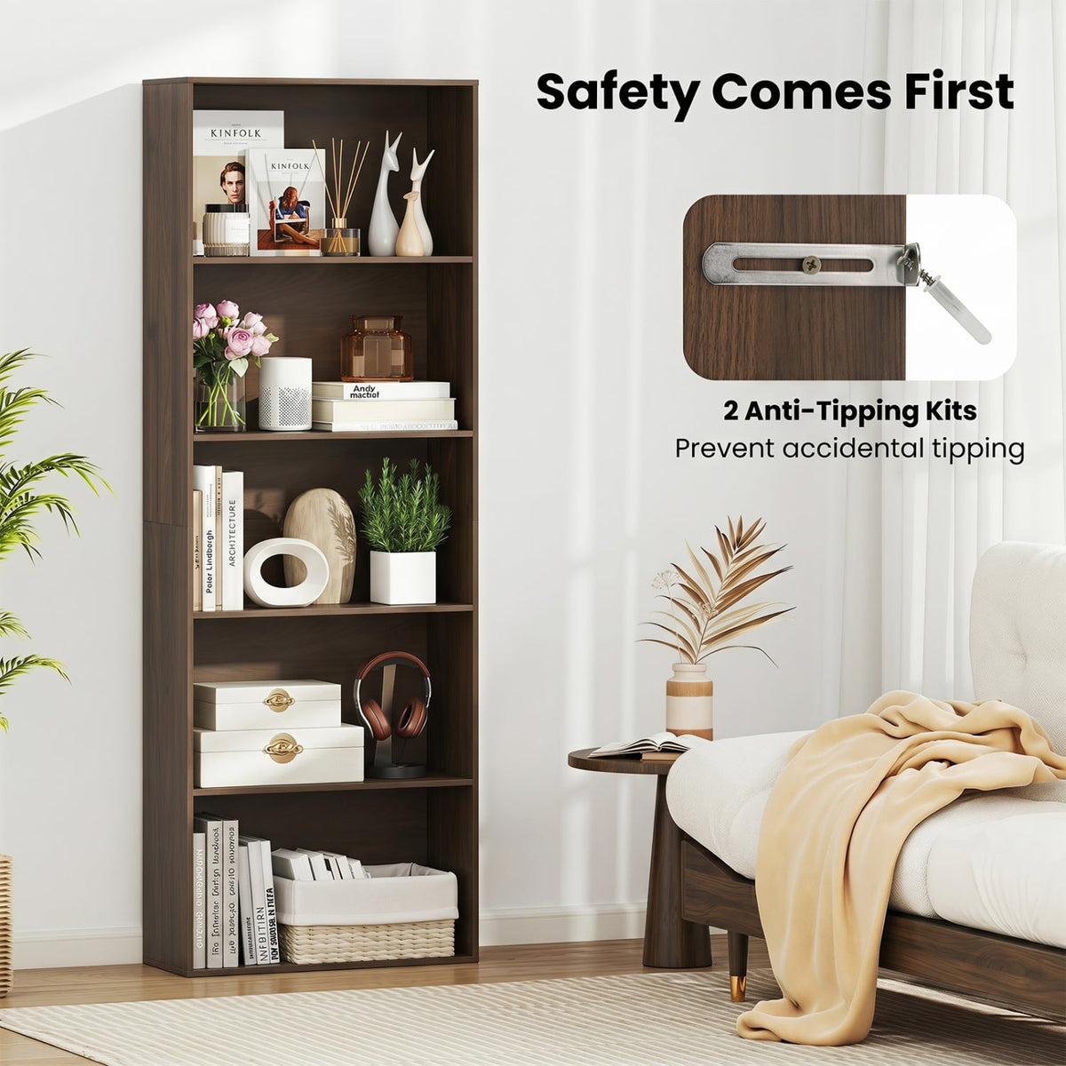 5-Tier Bookshelf Open Bookcase Freestanding Display Shelf Storage Organizer-Dark Walnut-Bookcases-DECOROLALA