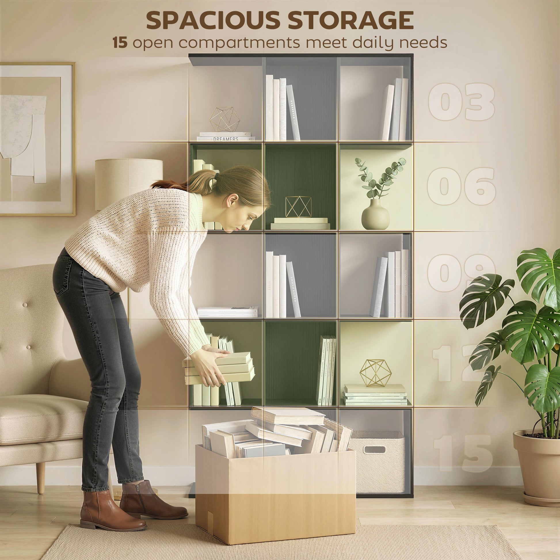 5-Tier Bookshelf, S Shaped Geometric Bookcase with 15 Compartments, Black Wood Grain-Home Furnishings > Storage & Organization > Bookshelves & Bookcases > Display Bookshelves-DECOROLALA