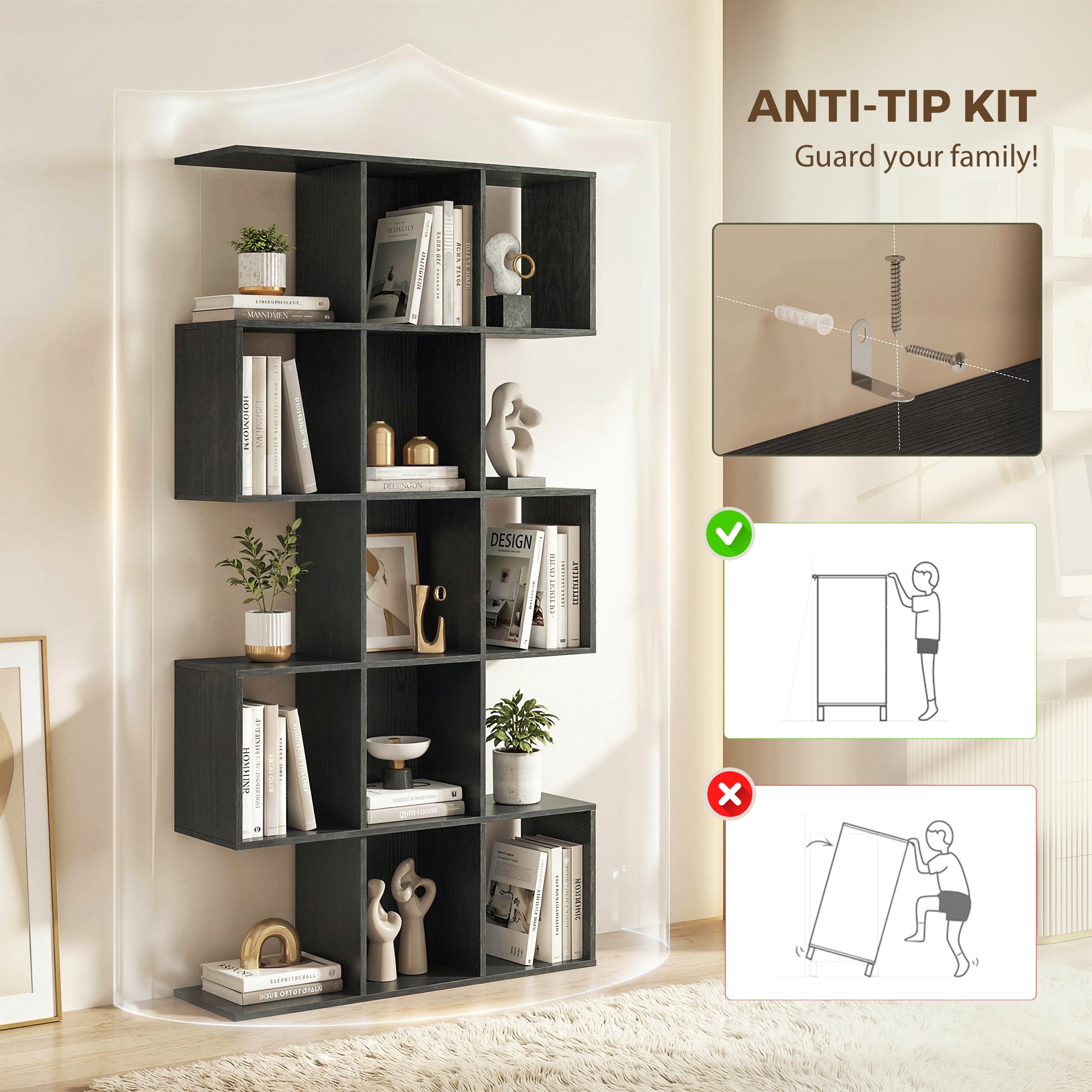 5-Tier Bookshelf, S Shaped Geometric Bookcase with 15 Compartments, Black Wood Grain-Home Furnishings > Storage & Organization > Bookshelves & Bookcases > Display Bookshelves-DECOROLALA
